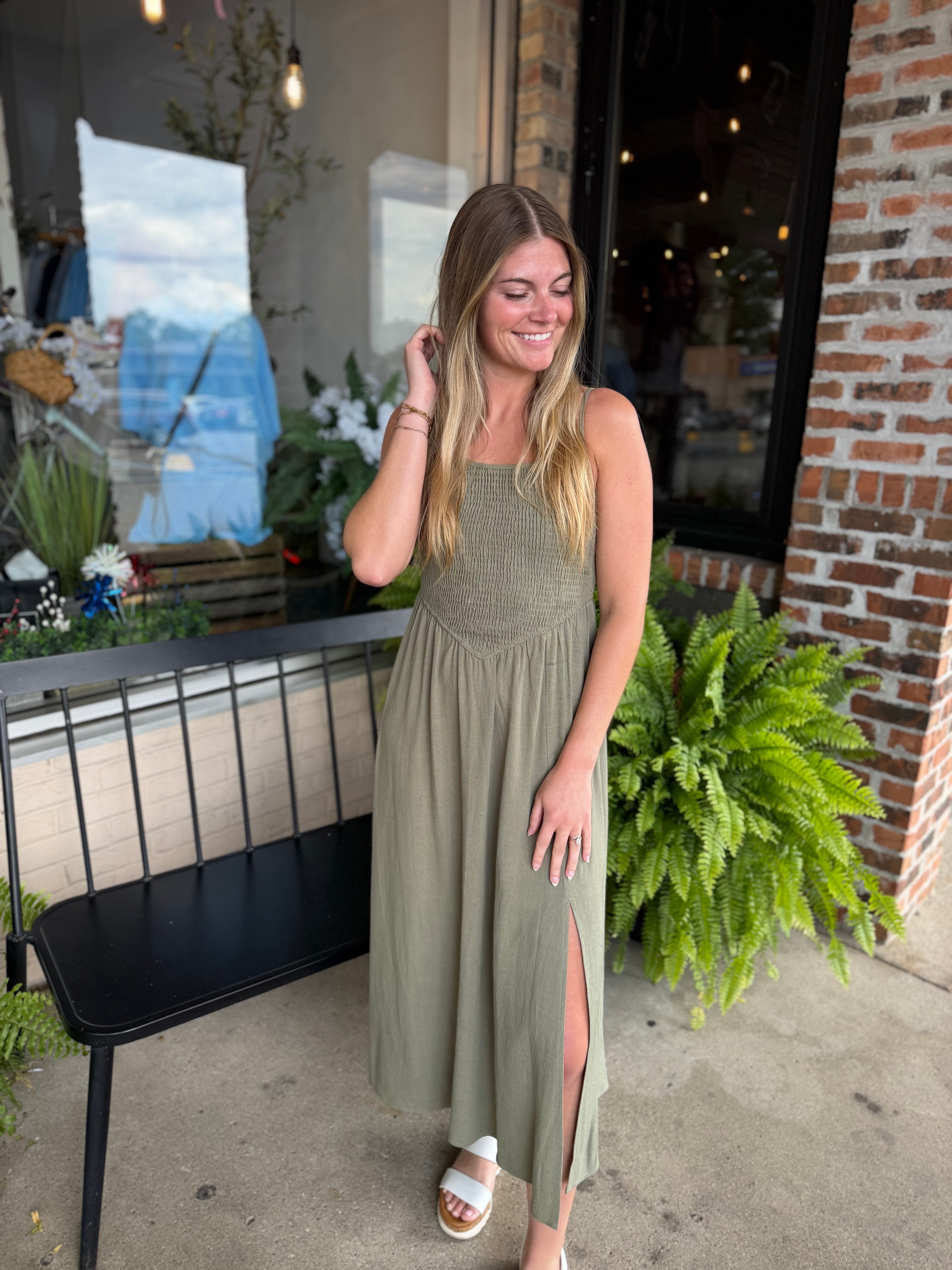 Olive Smocked Midi Dress