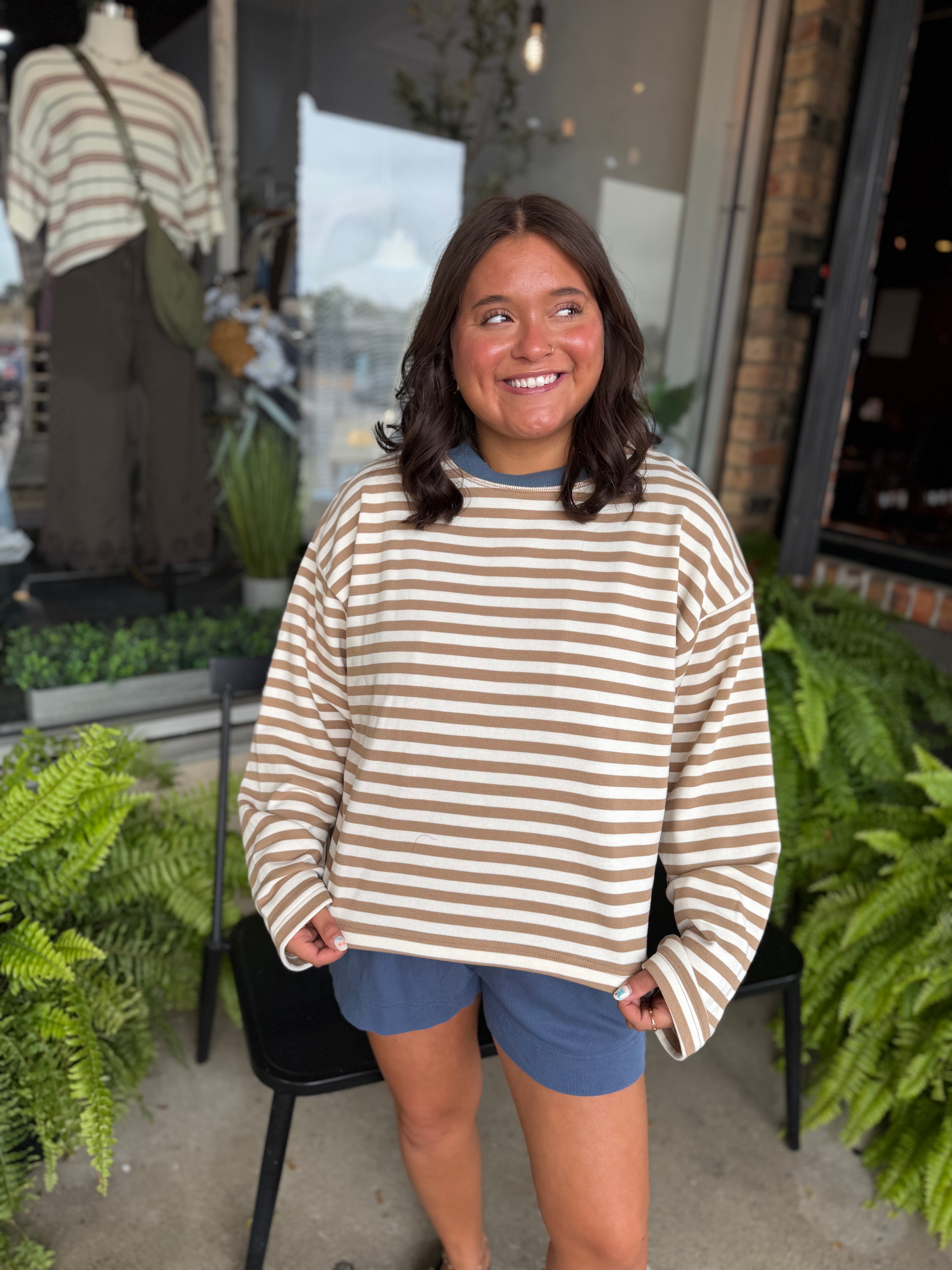 Tan Stripe Boxy Knit Long Sleeve