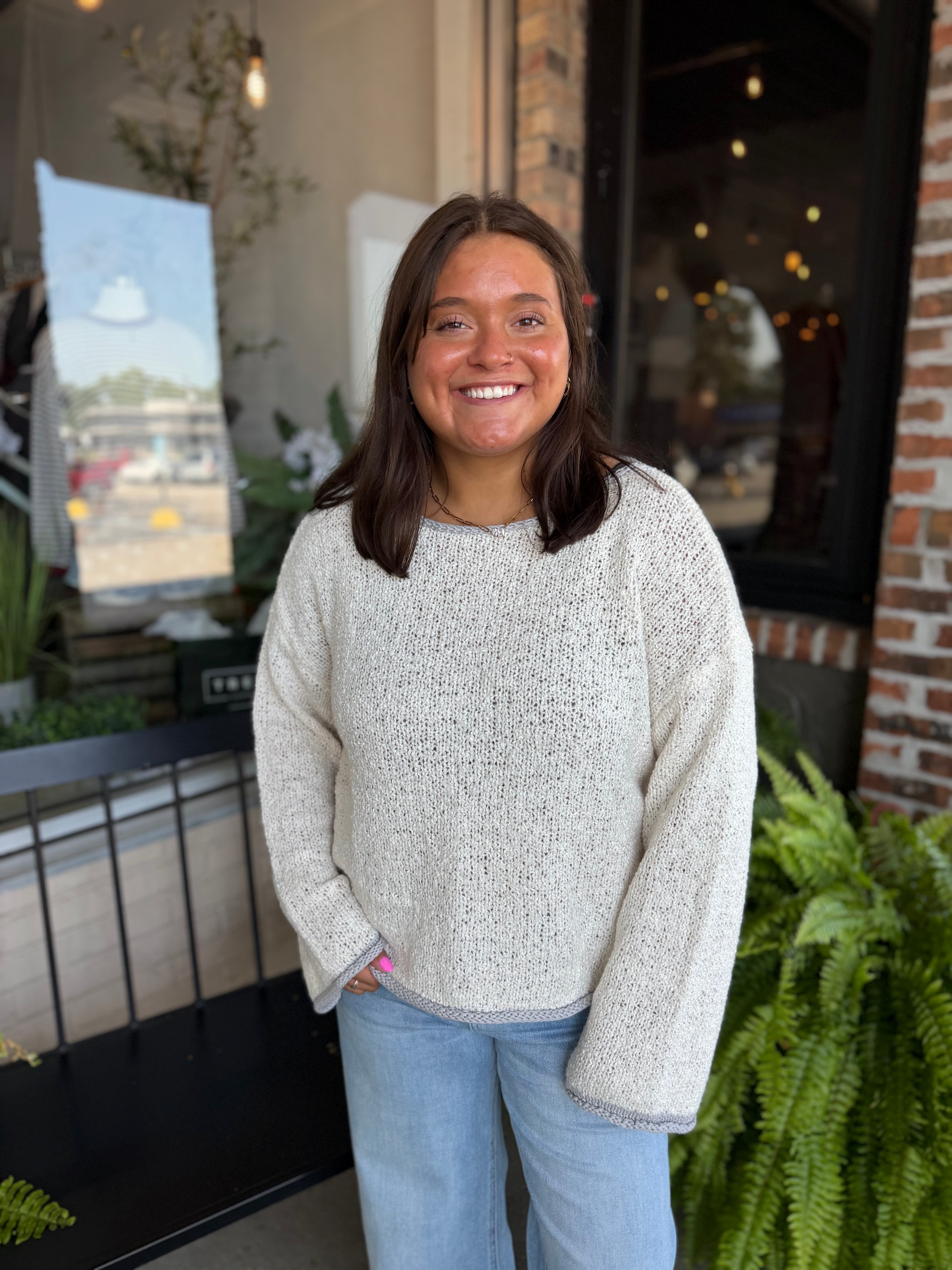 Oatmeal Boat Neck Contrast Trim Sweater