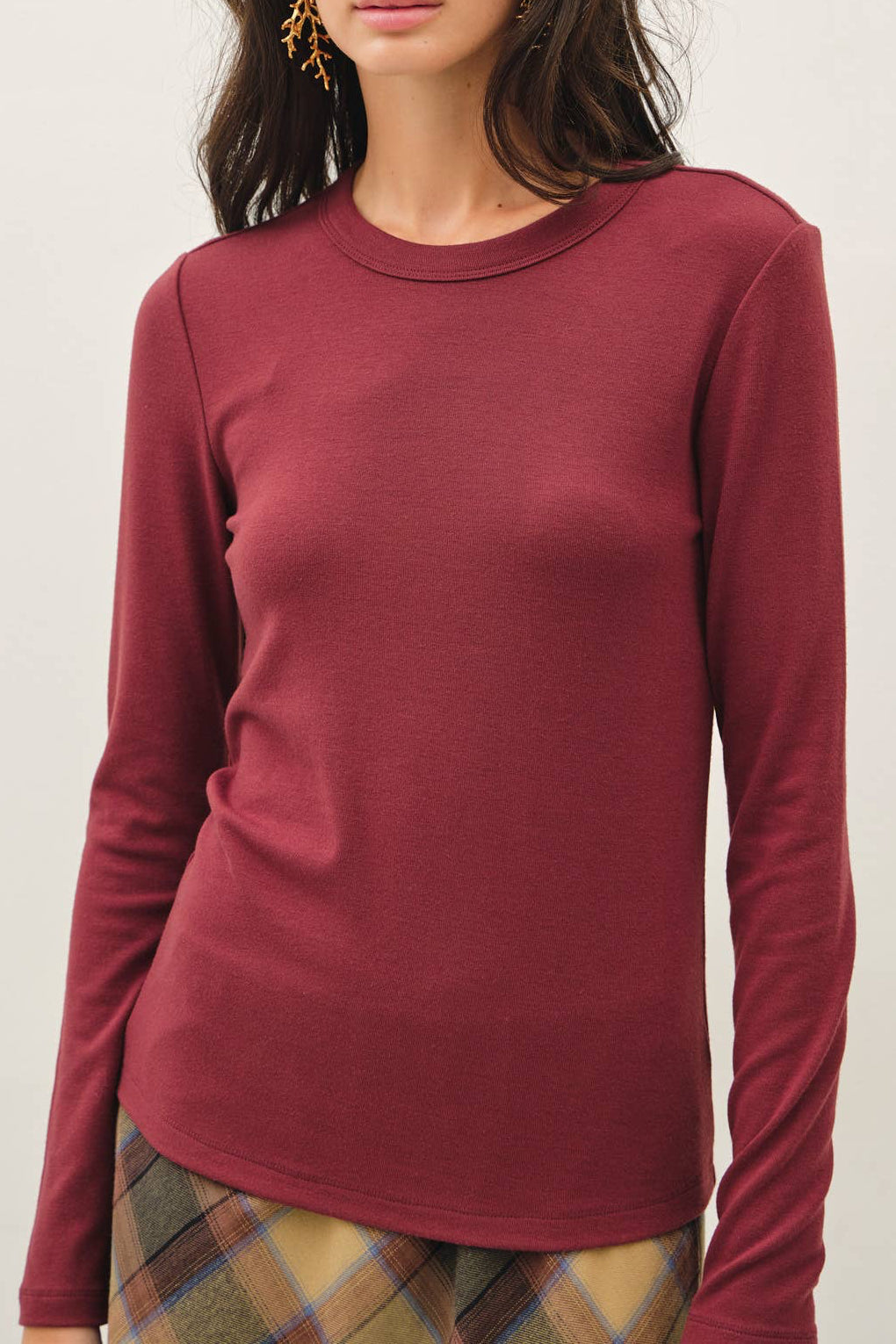 Wine Round Neck Long Sleeve Top