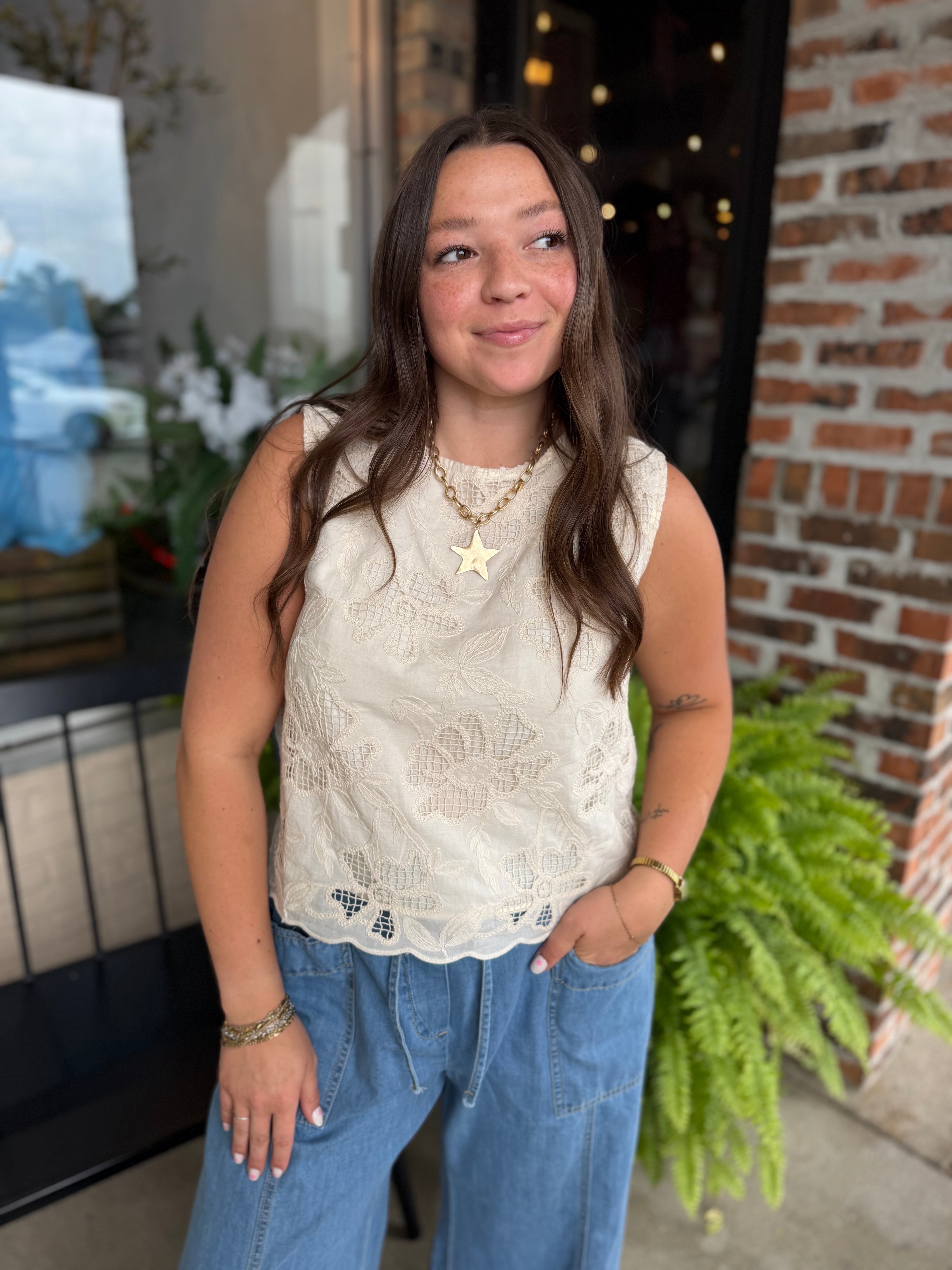 Cream Scalloped Hem Top
