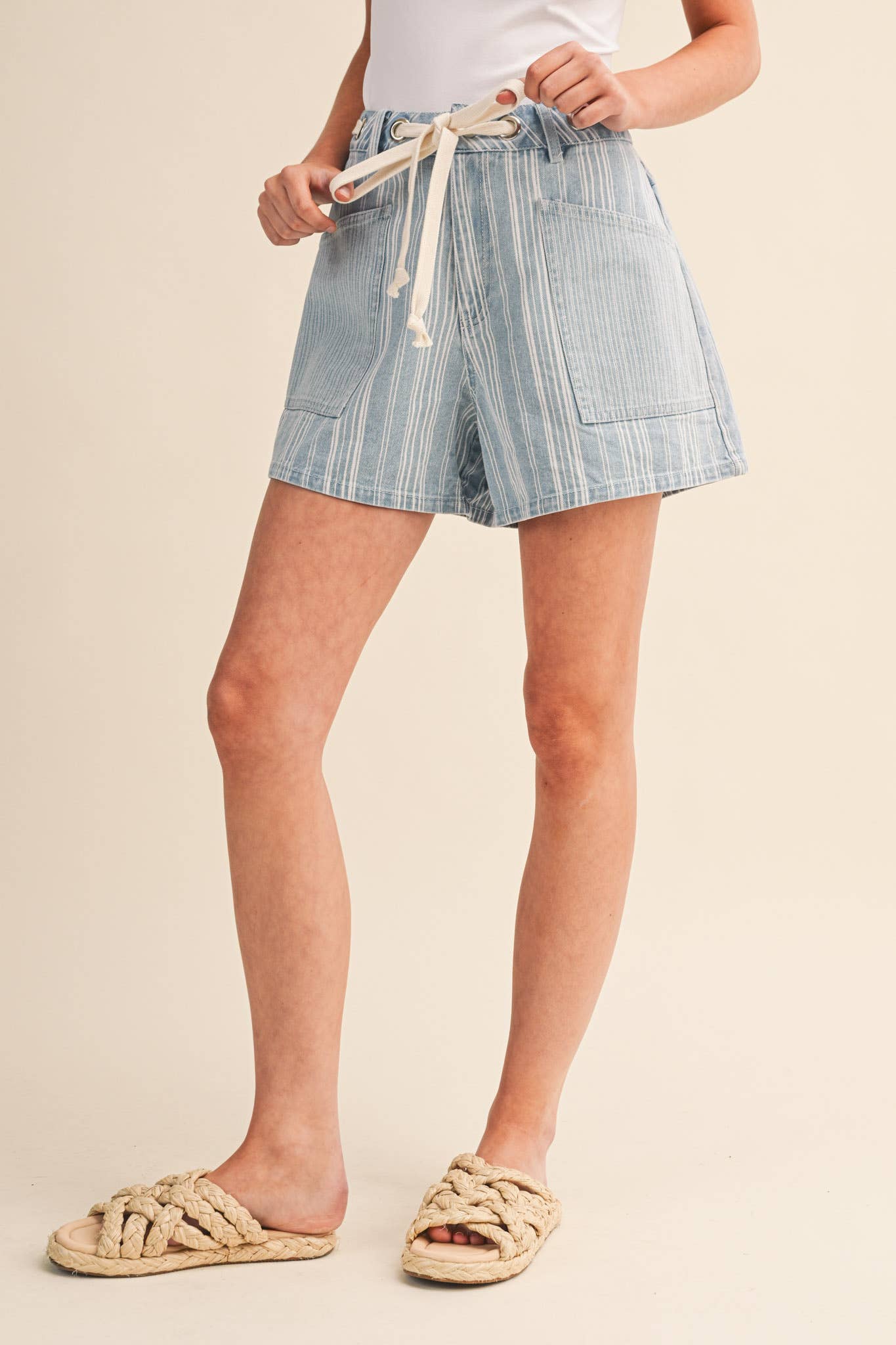 Blue Mixed Stripe Denim Shorts