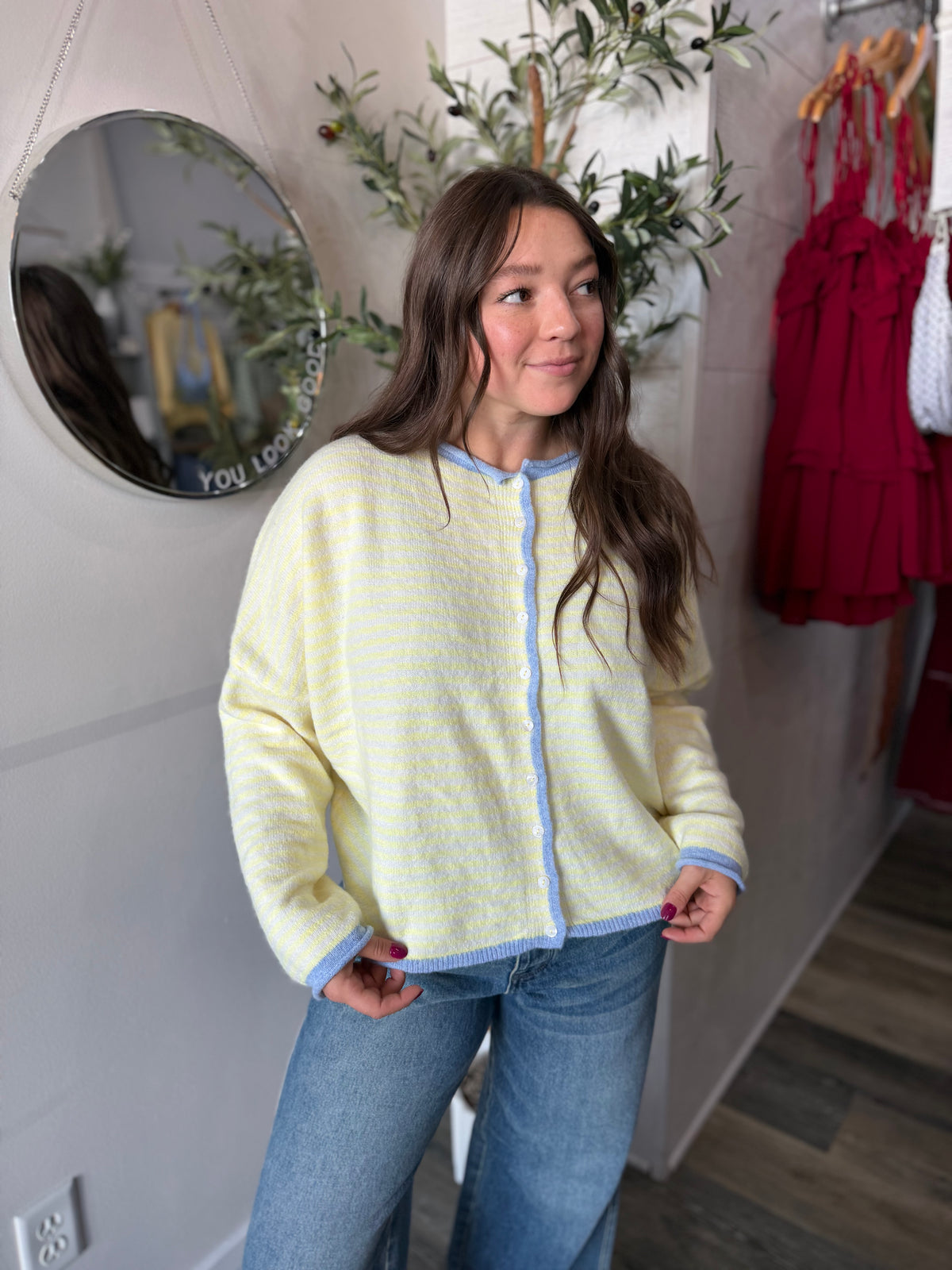 Yellow Stripe Raw Edge Sweater