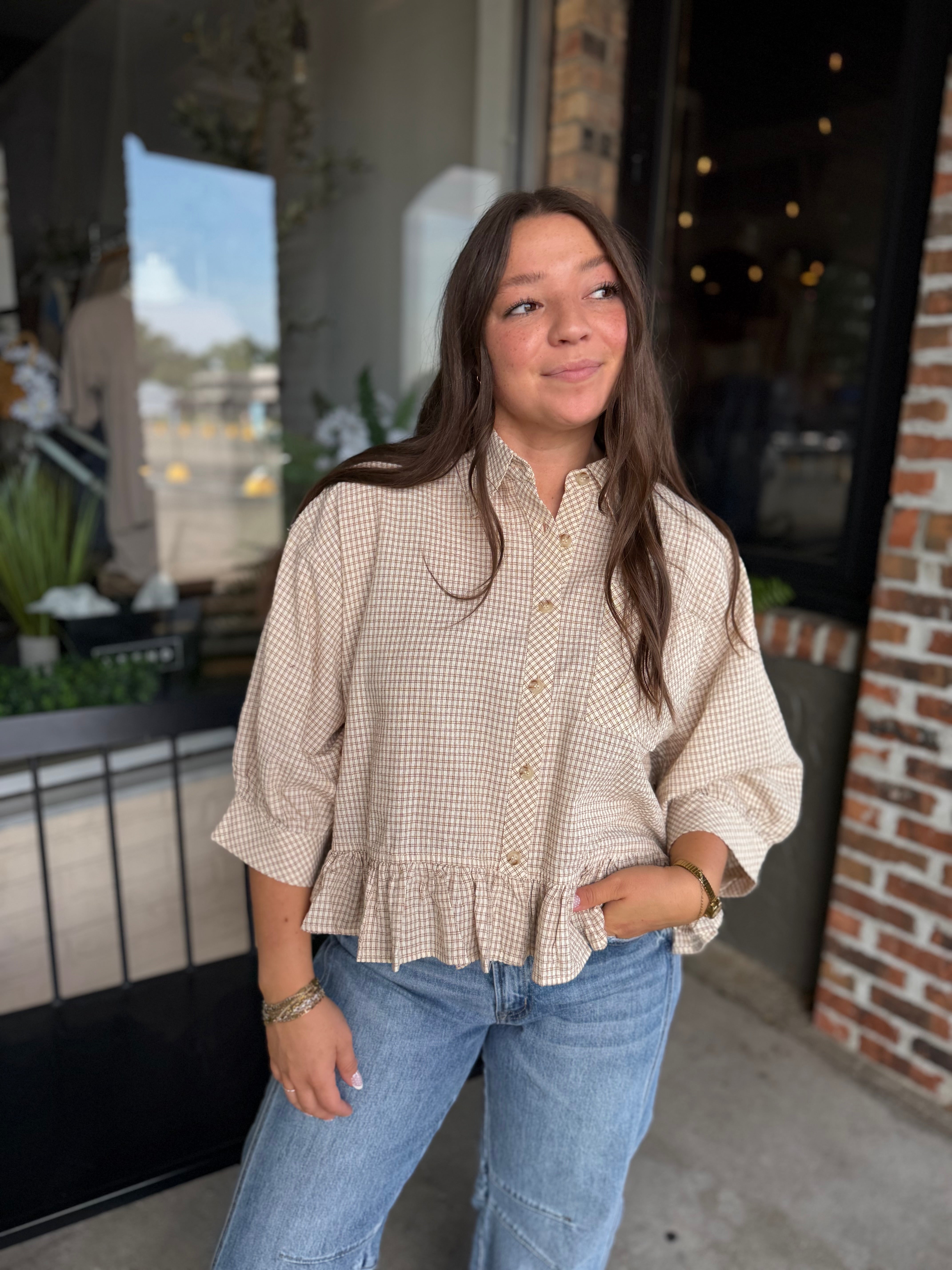 Oat Micro Check Button Down Top