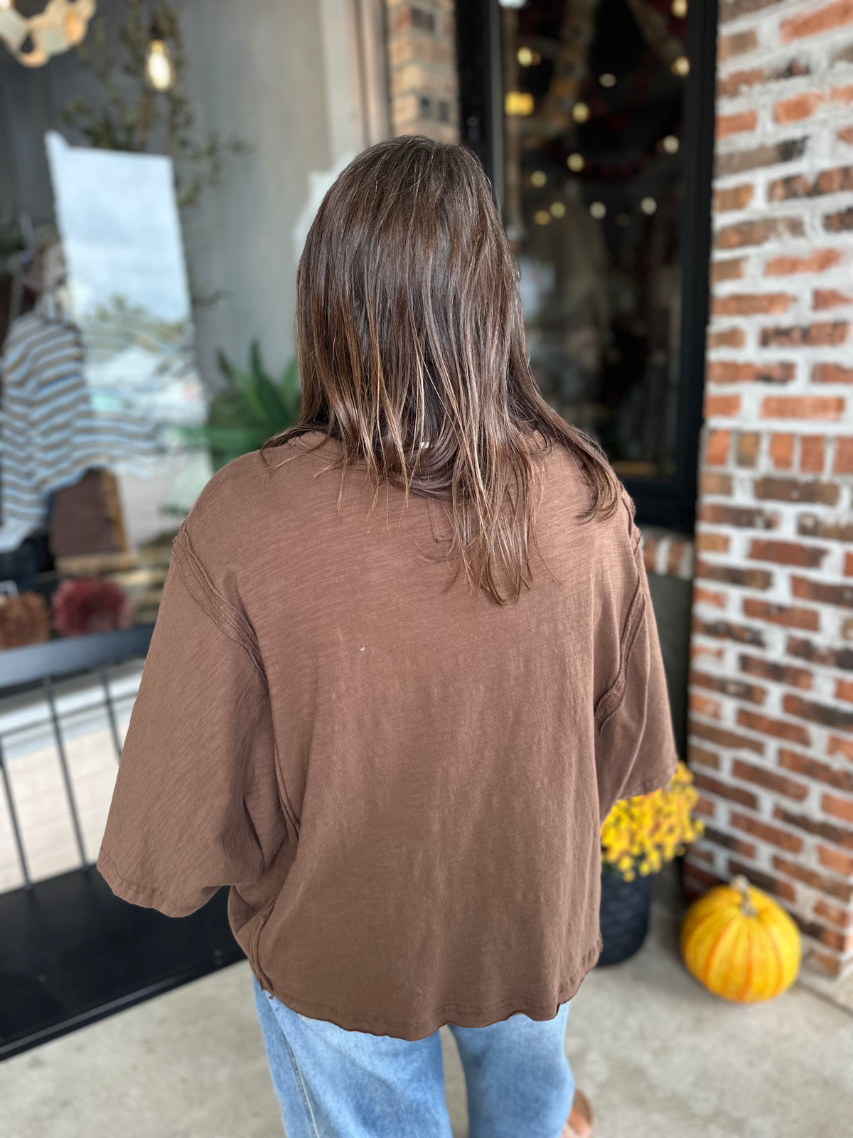 Brown Cotton Raw Edge Oversized Tee