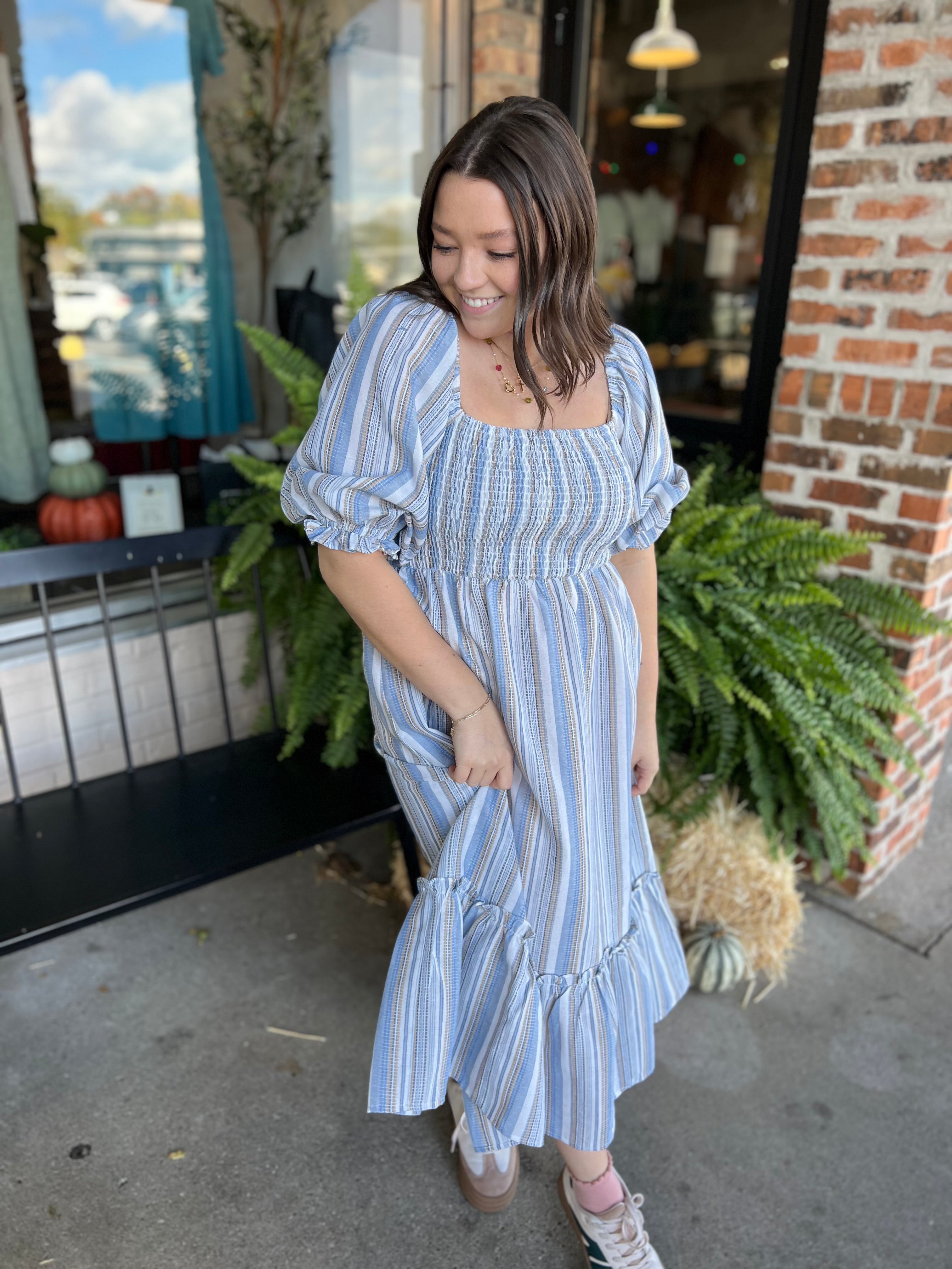 Blue Striped Puff Sleeve Dress