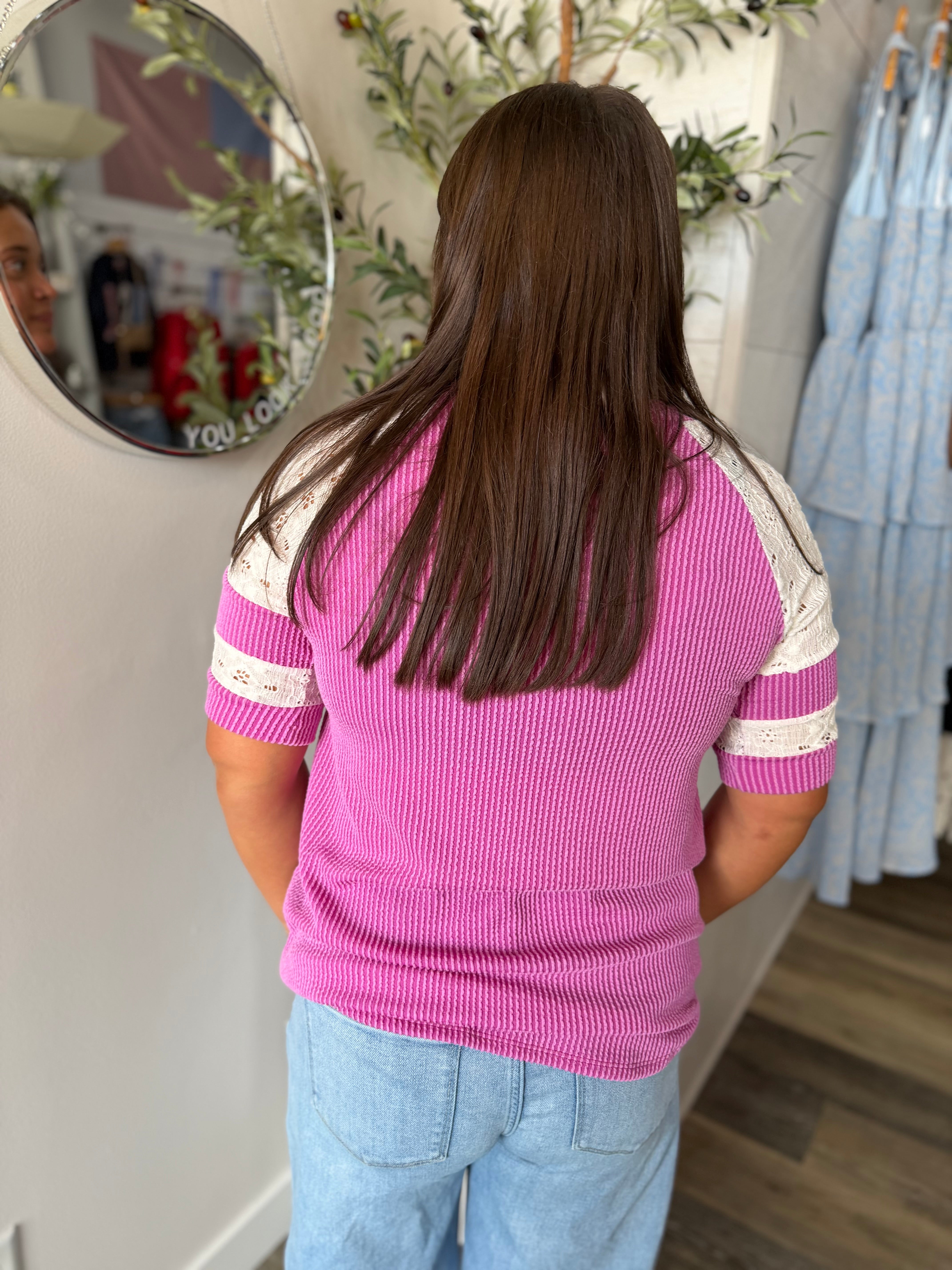 Magenta Ribbed Eyelet Lace Top