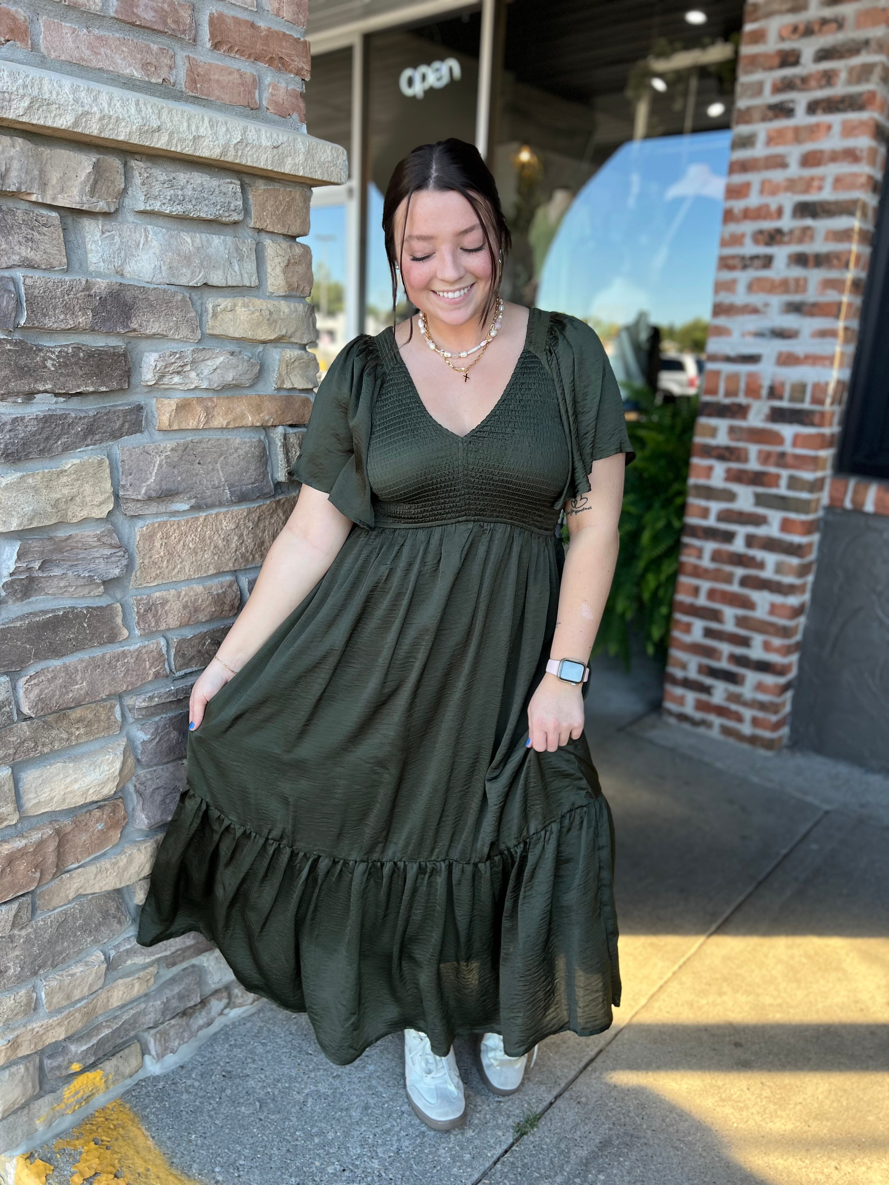 Olive Satin Midi Dress - FINAL SALE