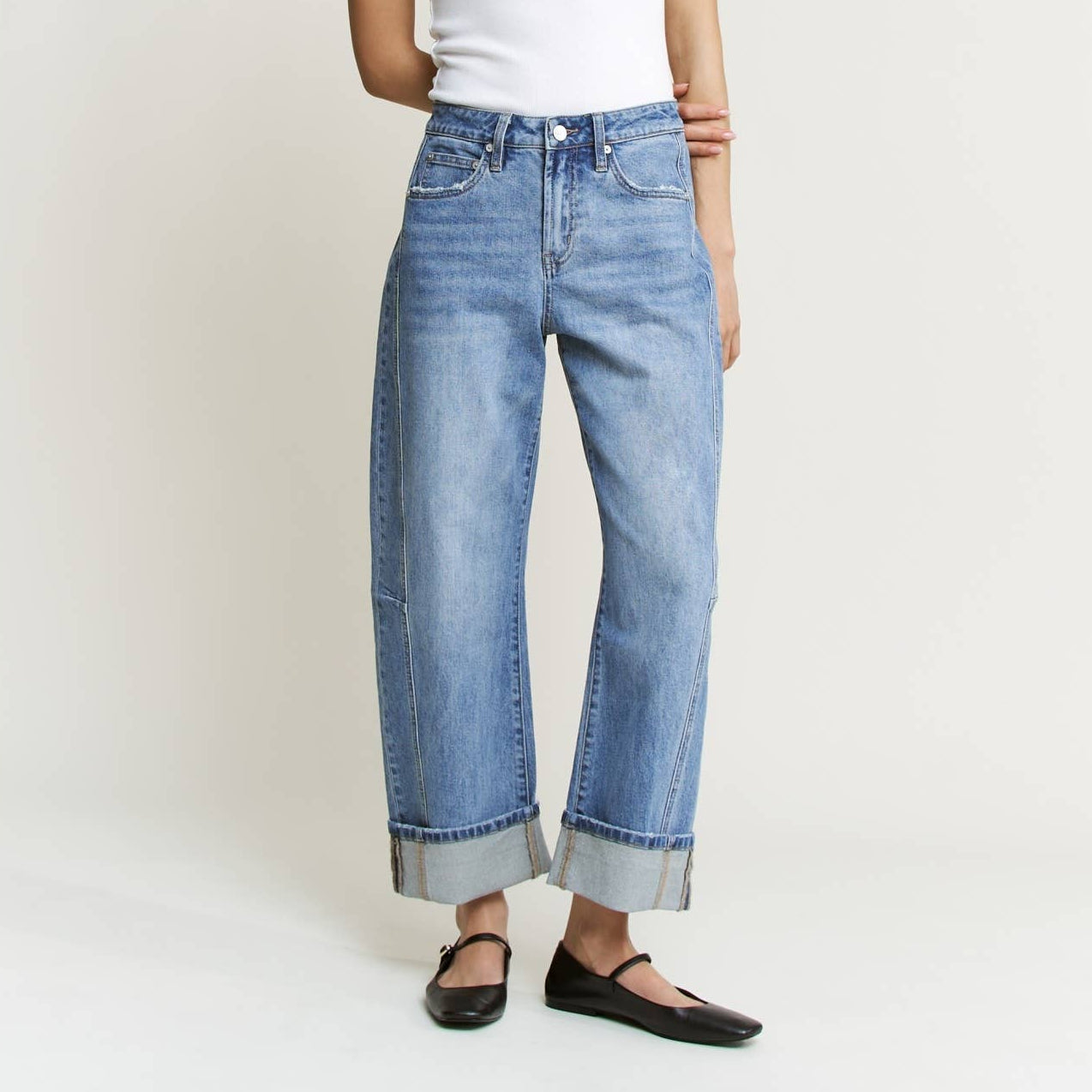High Rise Cuffed Barrel Denim
