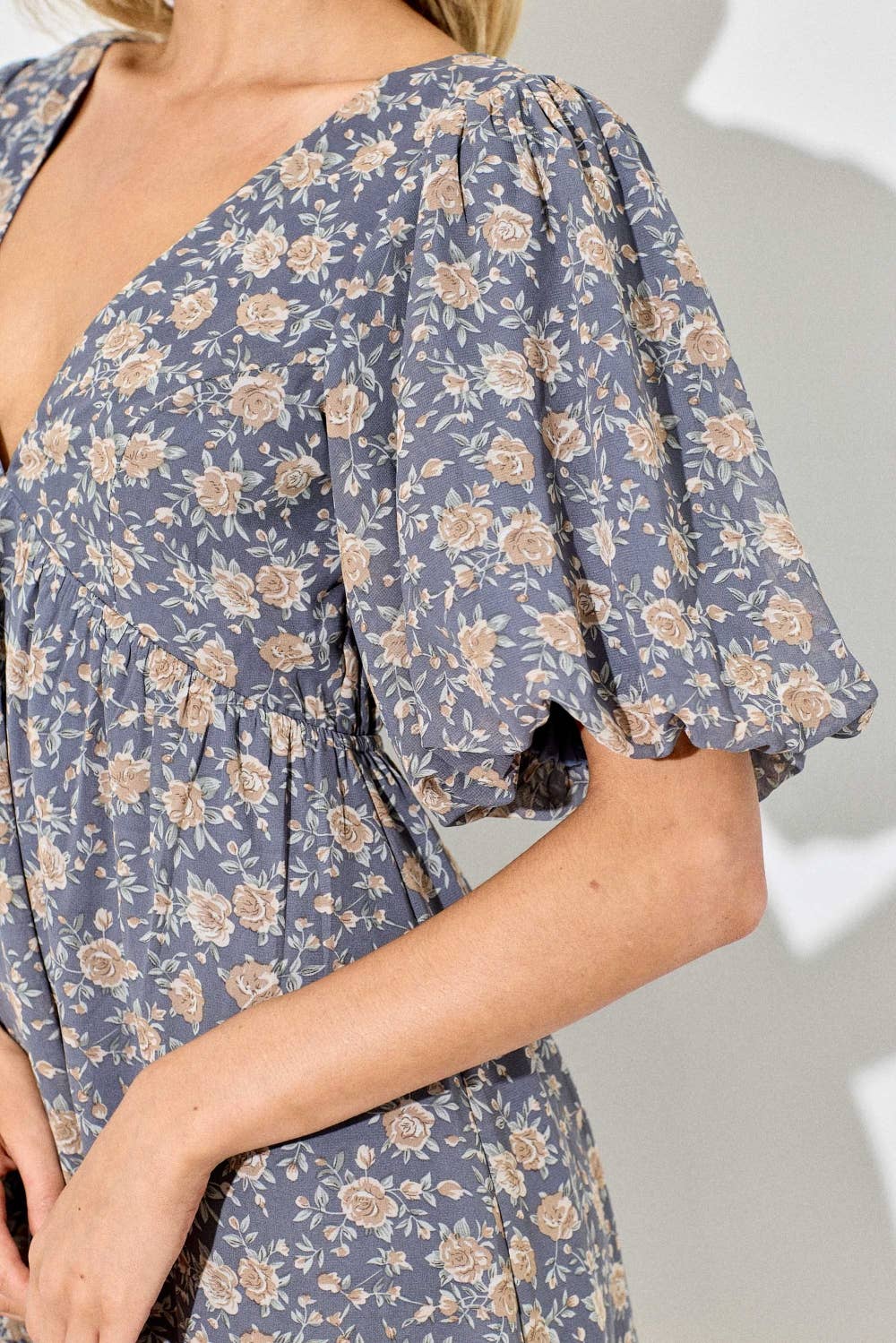 Blue Floral Bubble Sleeve Mini Dress