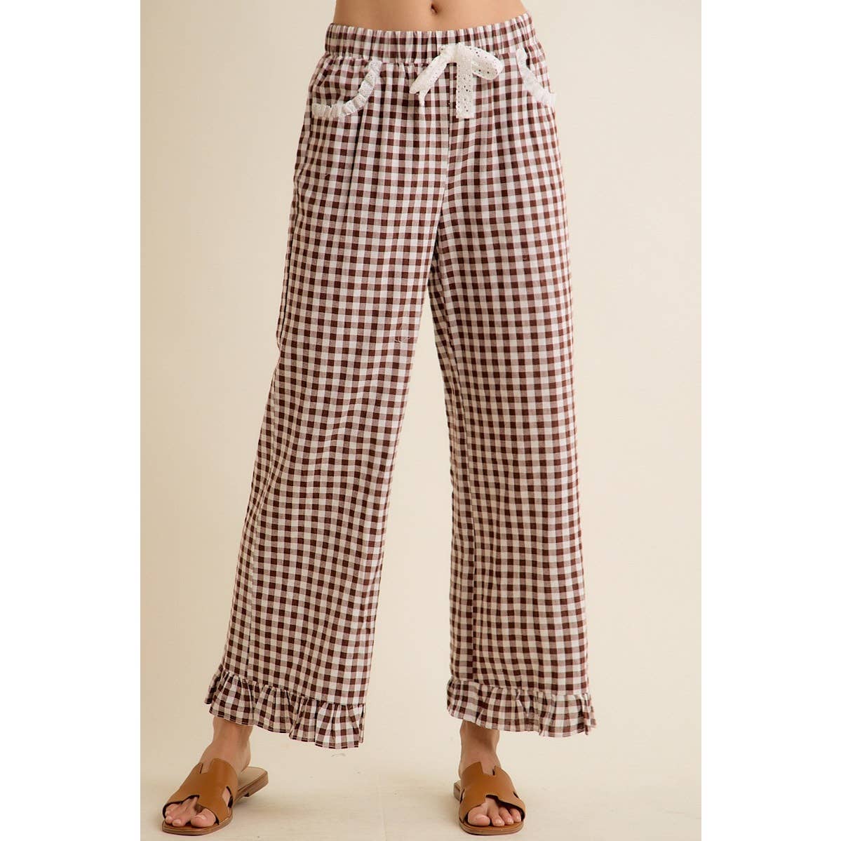 Brown Gingham Lace Pants