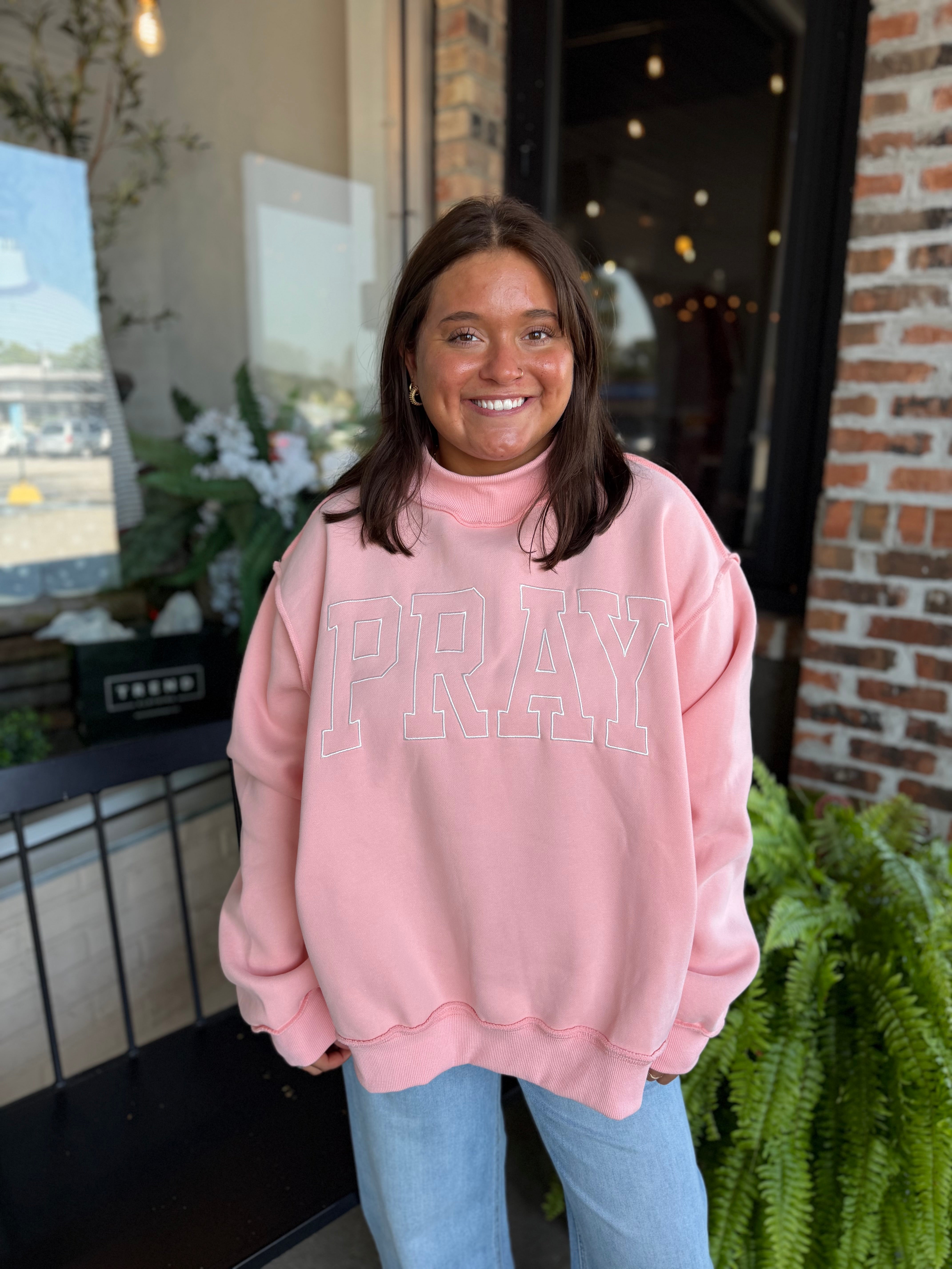 Pray Embroidered Mock Neck Sweatshirt