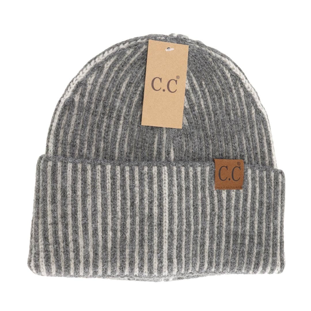 Olive Contrasting Striped Cuff Beanie