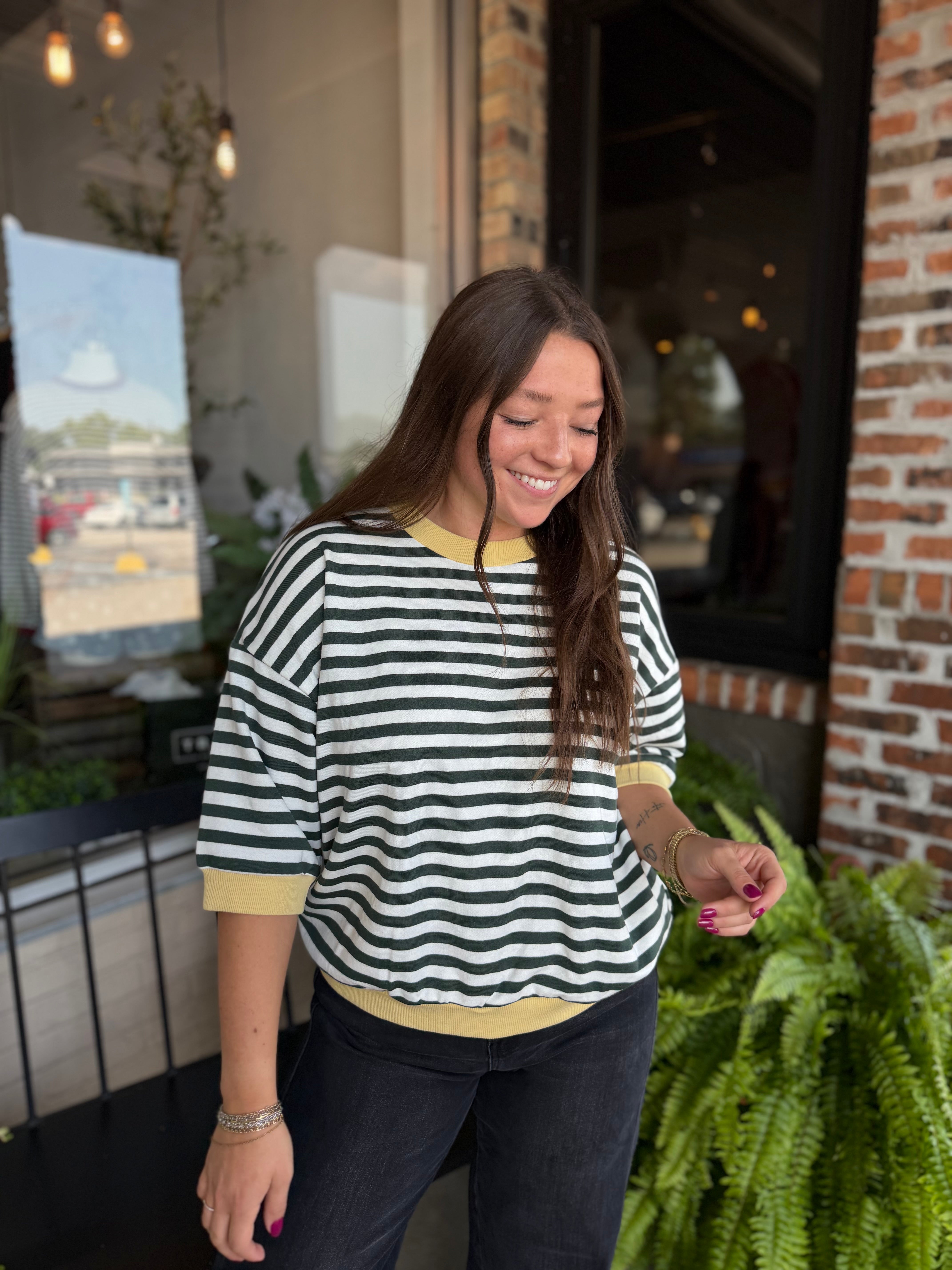 Green Stripe Drop Sleeve Top