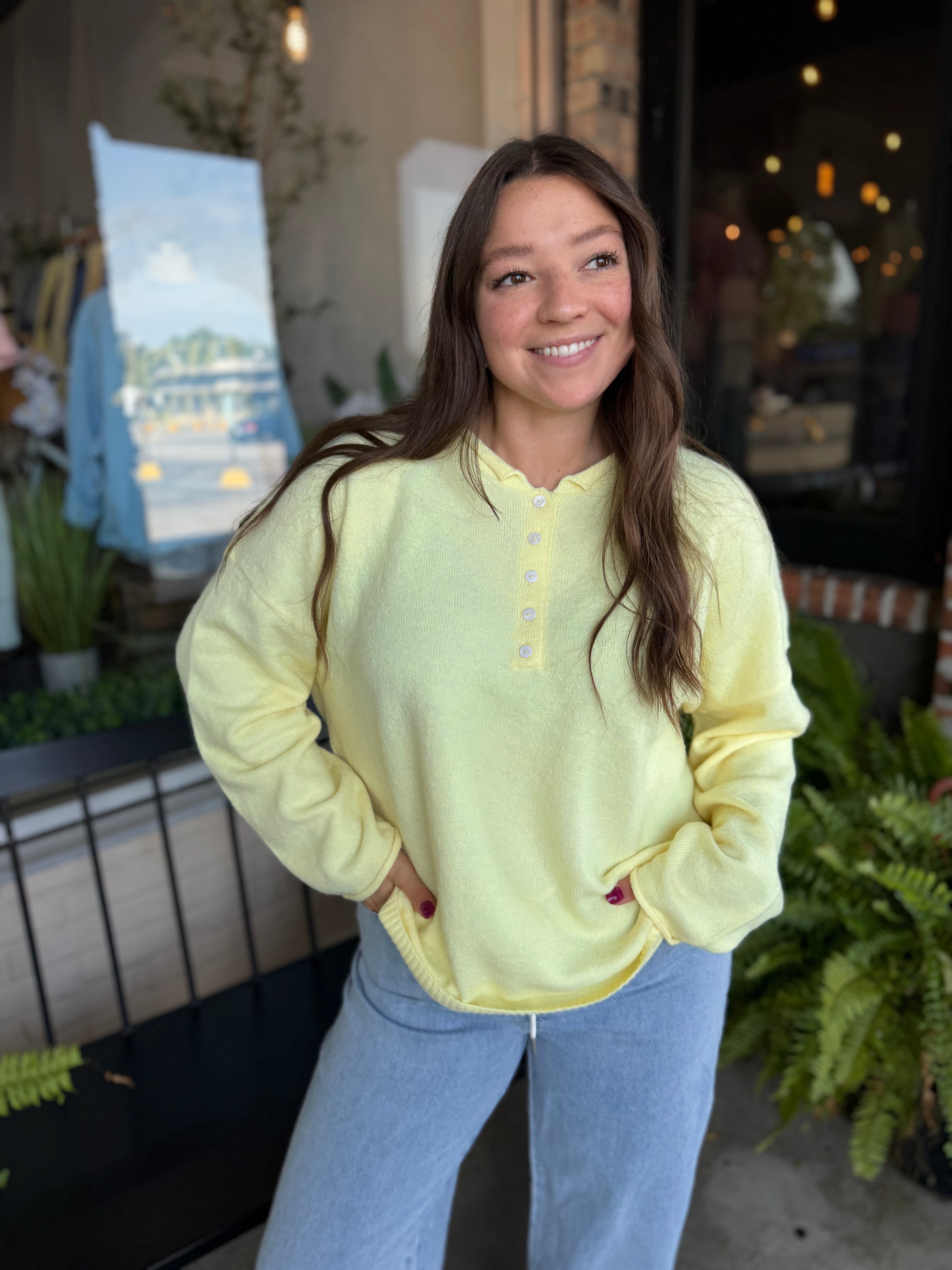 Yellow Rolled Edge Henley Sweater
