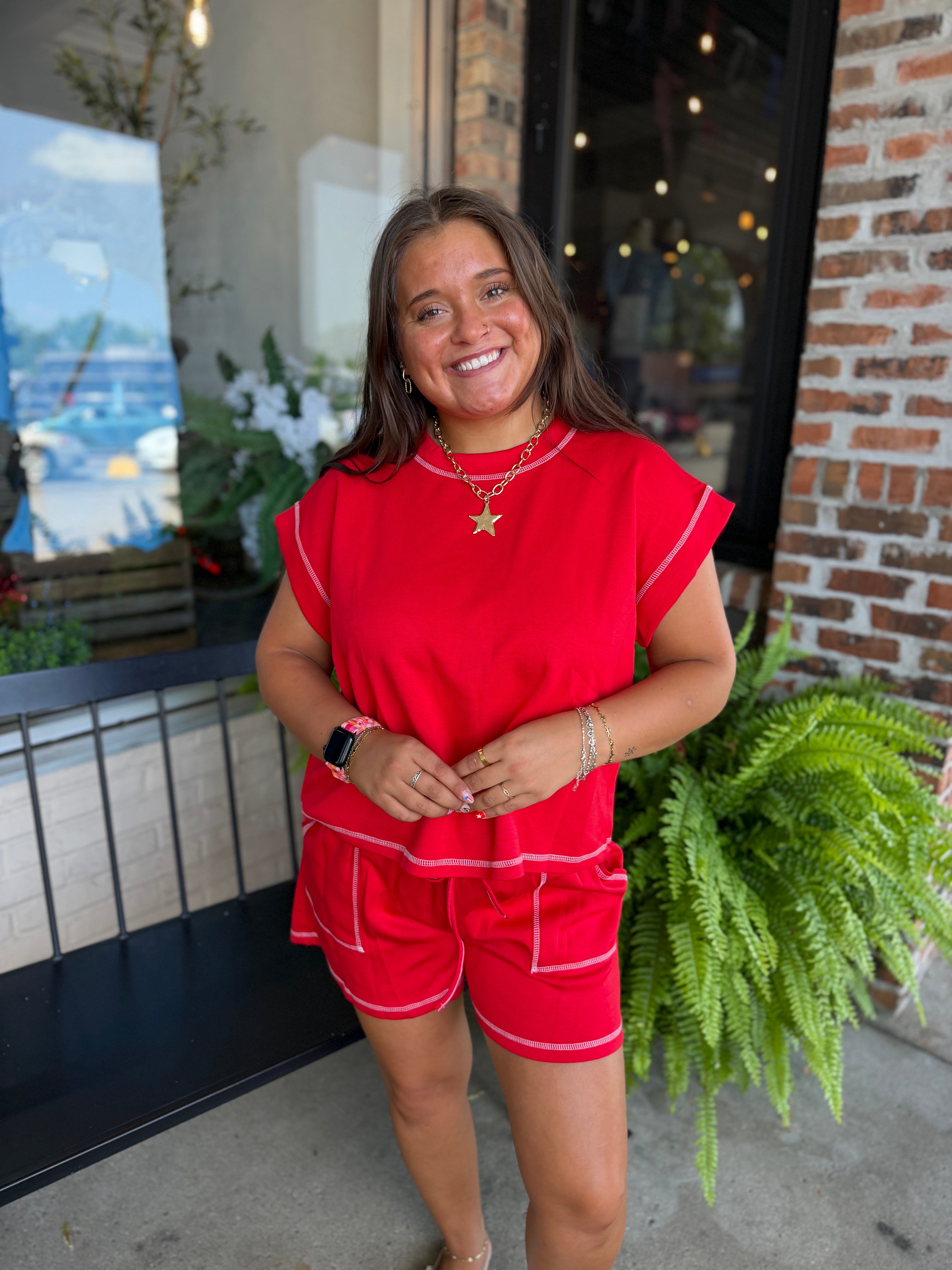 Red Contrast Stitch Top