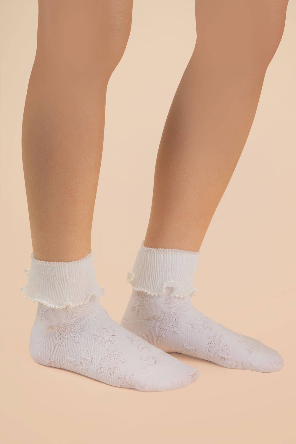 White Lace Trim W/ Beads Crew Socks