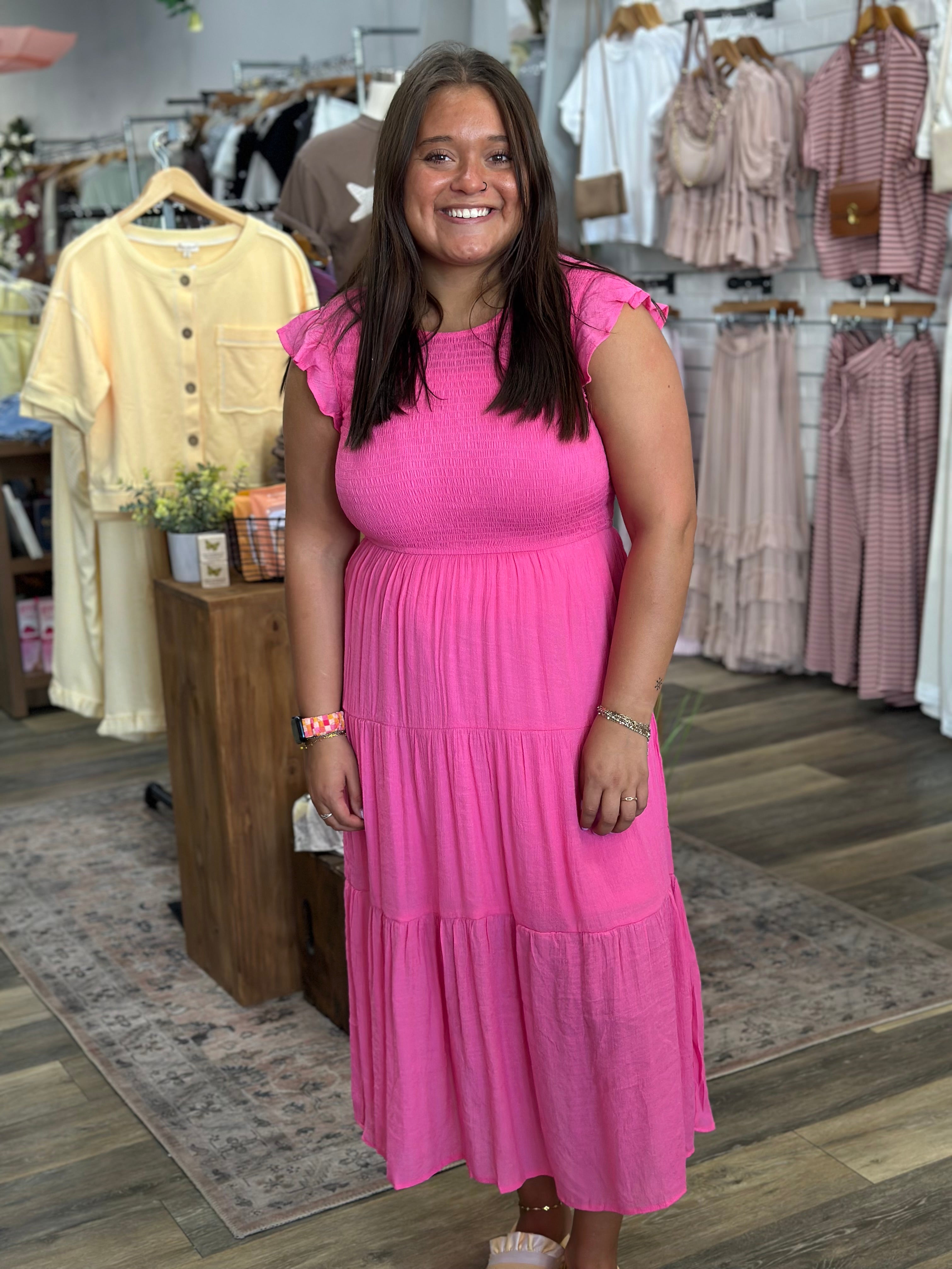 Pink Smocked Midi Dress