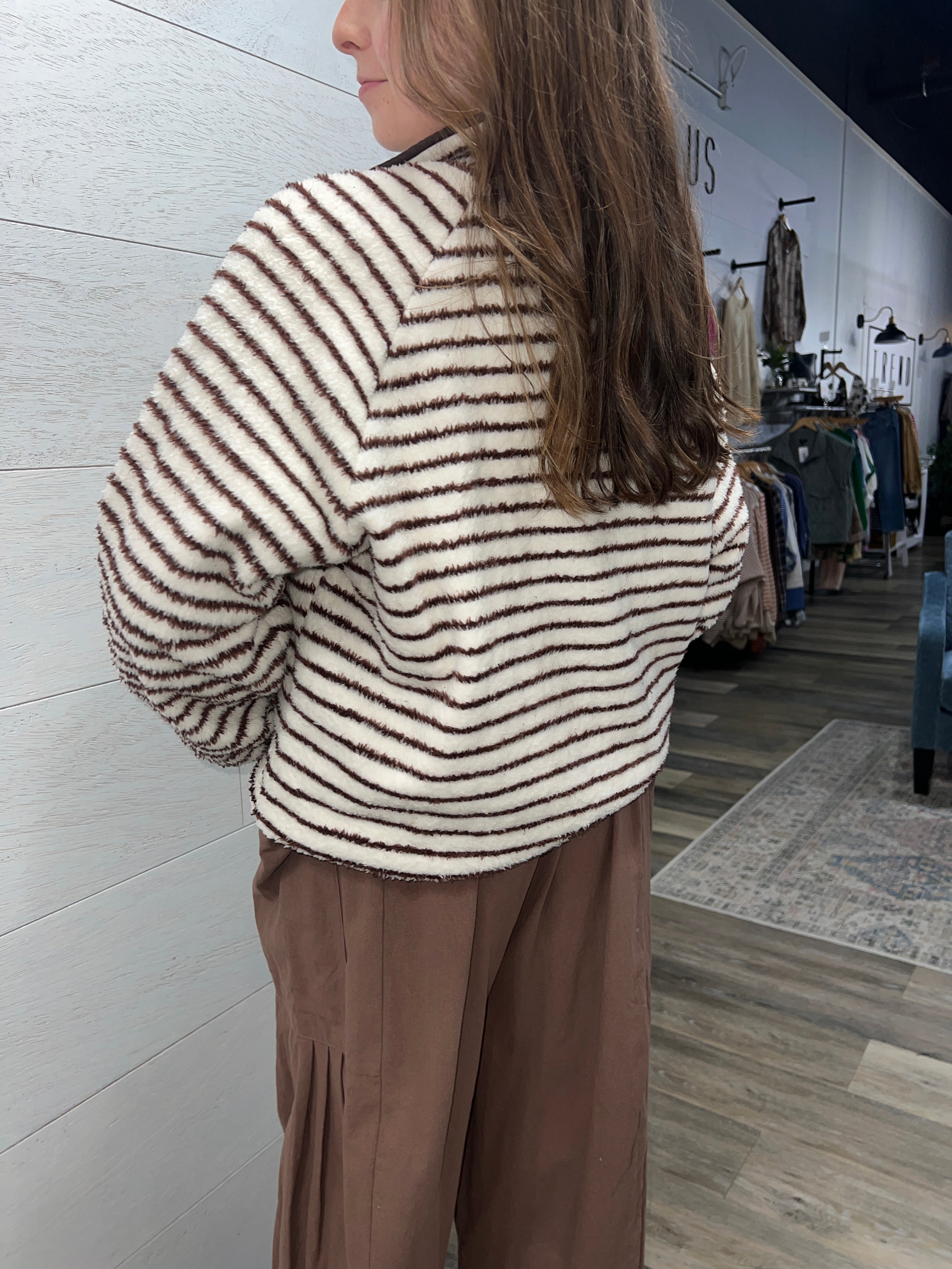 STRIPED MICROFIBER SNAP PULLOVER