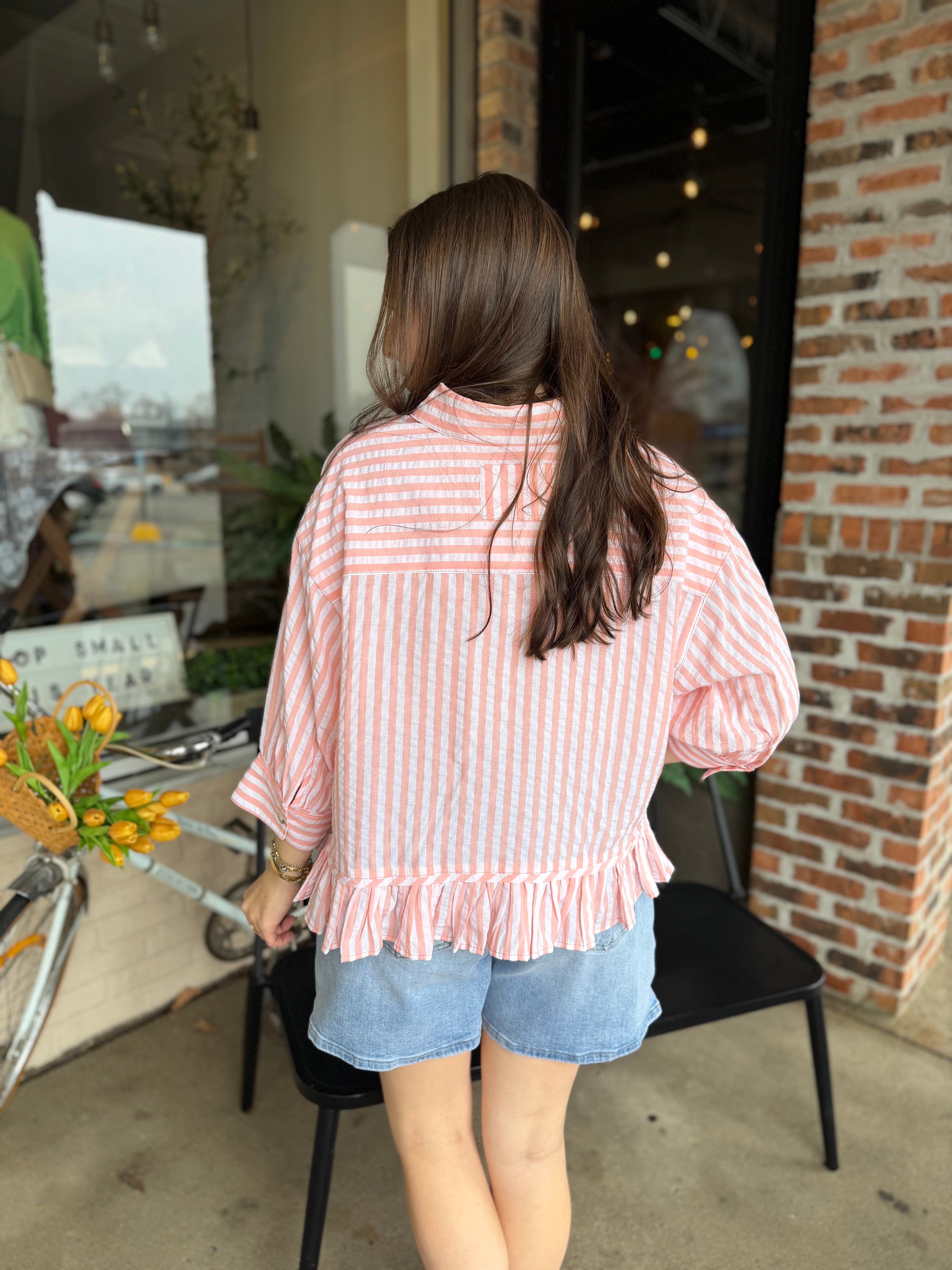 Peach Stripe Frill Hem Top