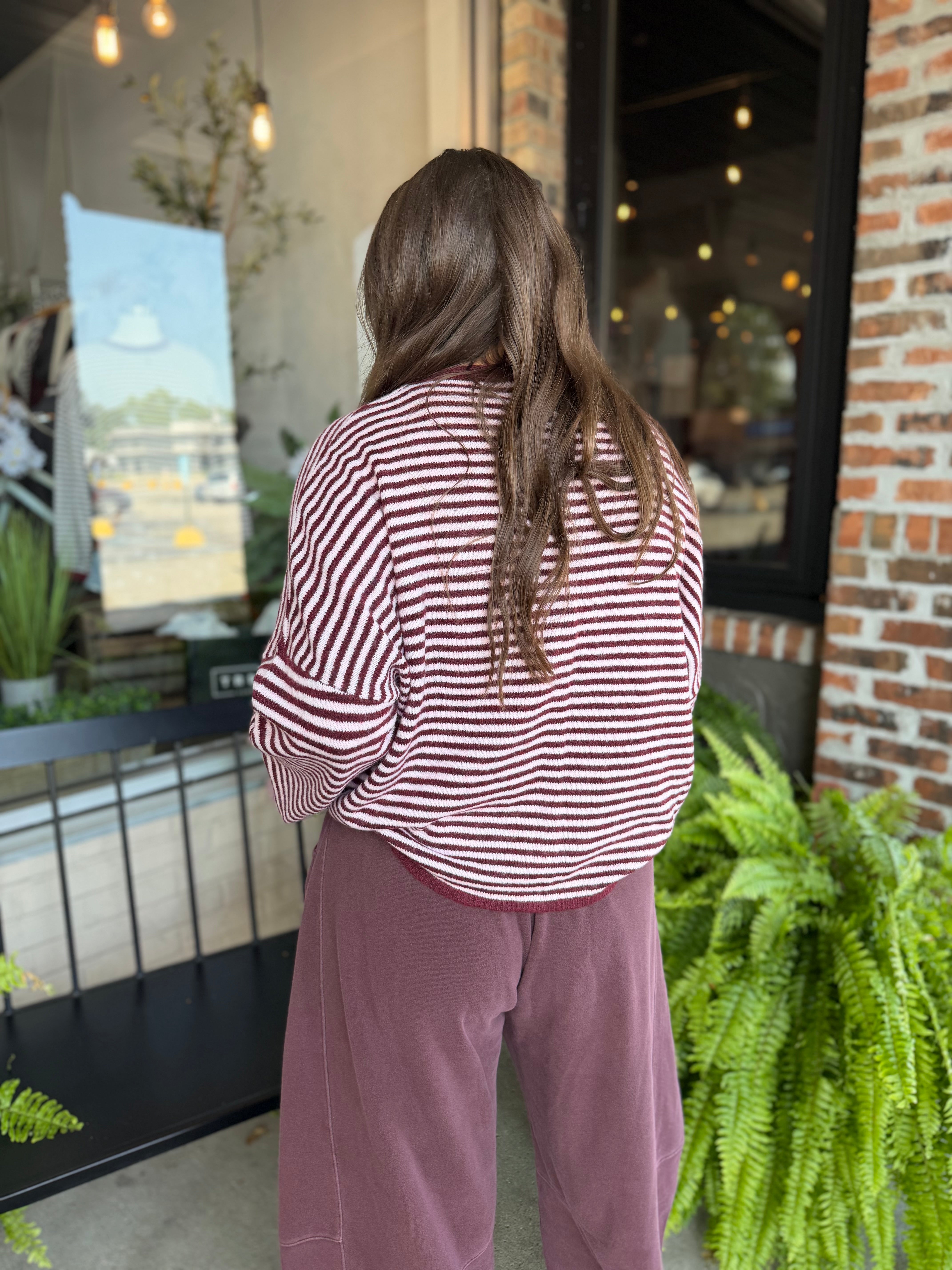 Burgundy Stripe Raw Edge Sweater