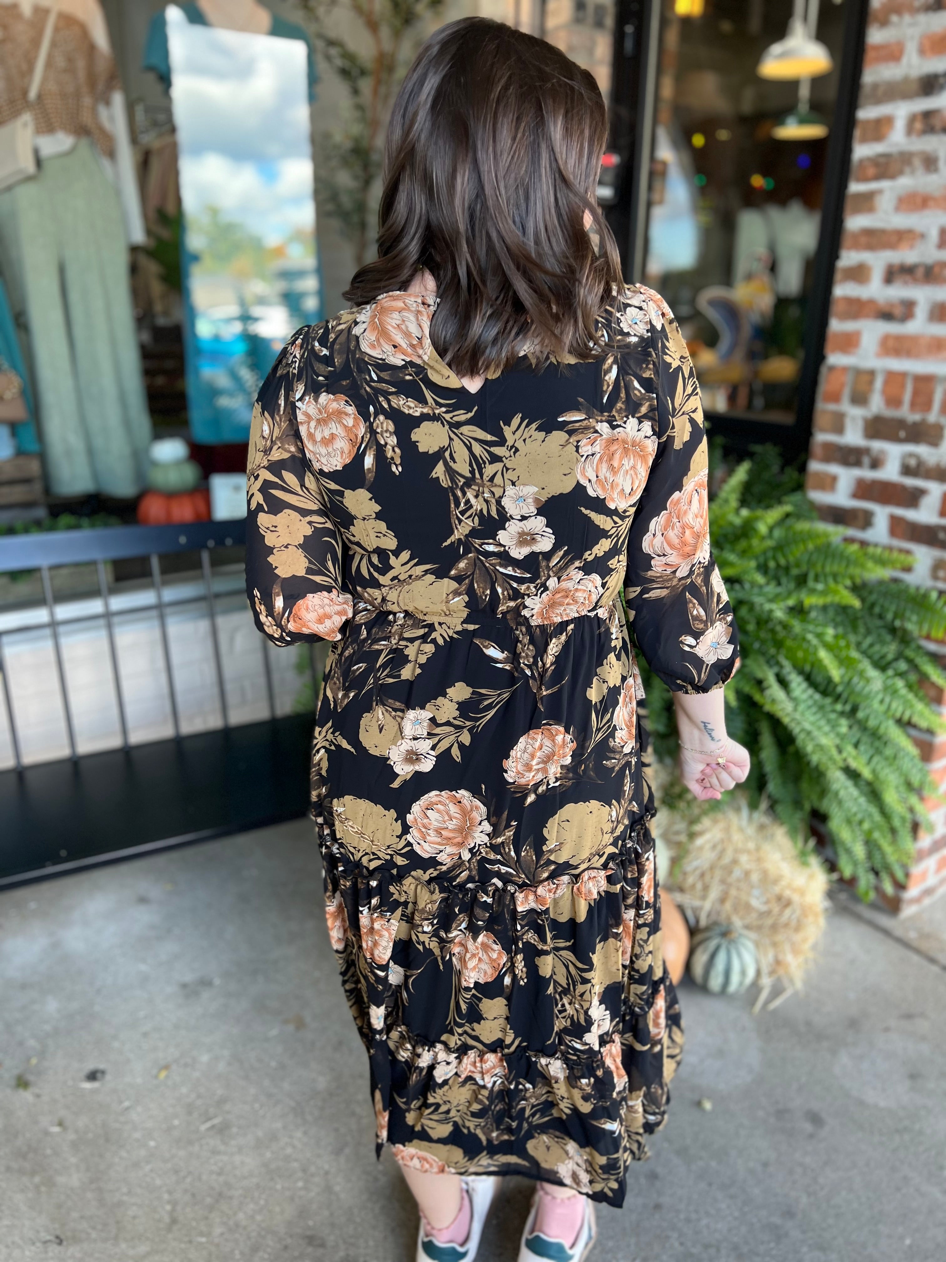 Black Floral Smocked Dress