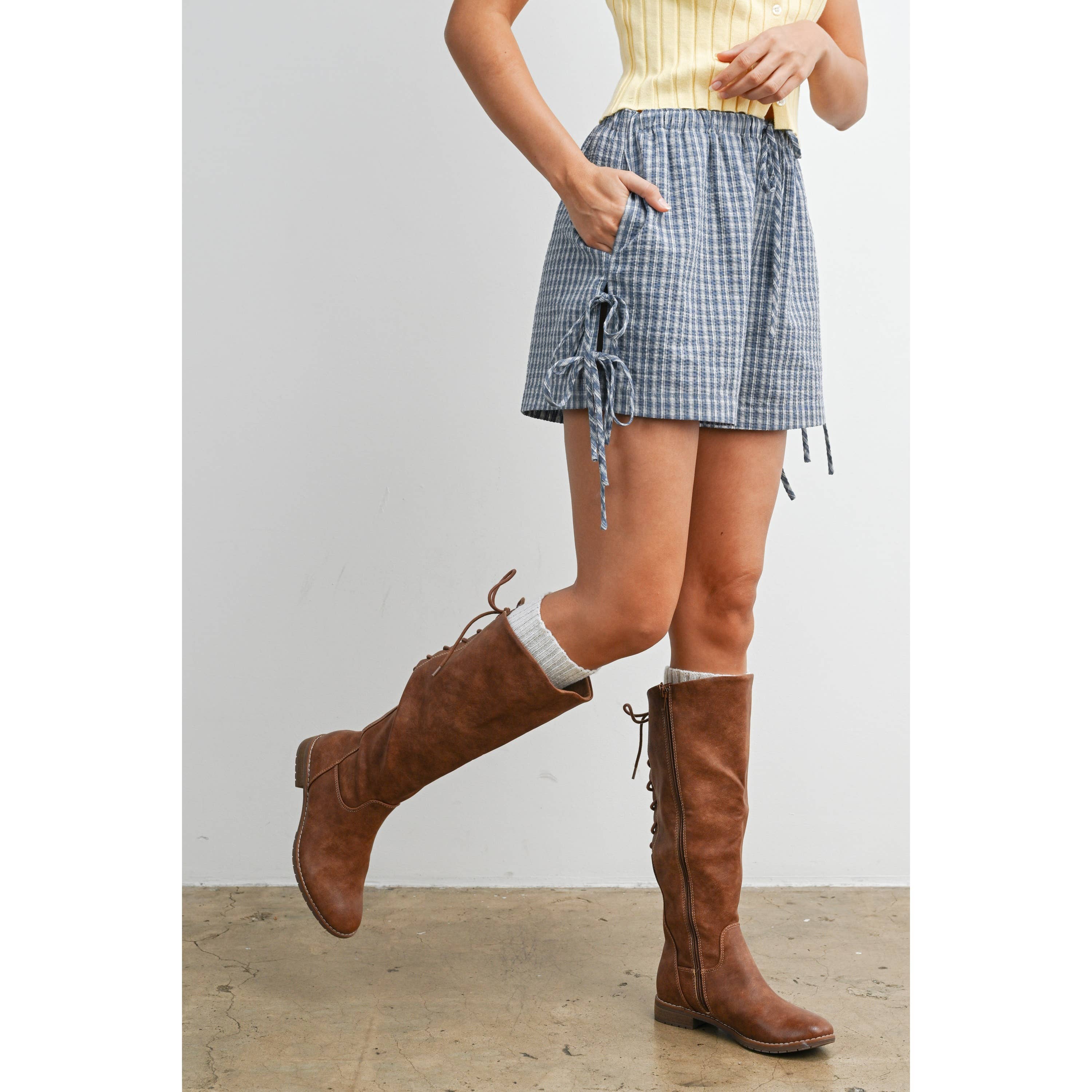 Navy Plaid Side-Tie Elastic Waist Shorts