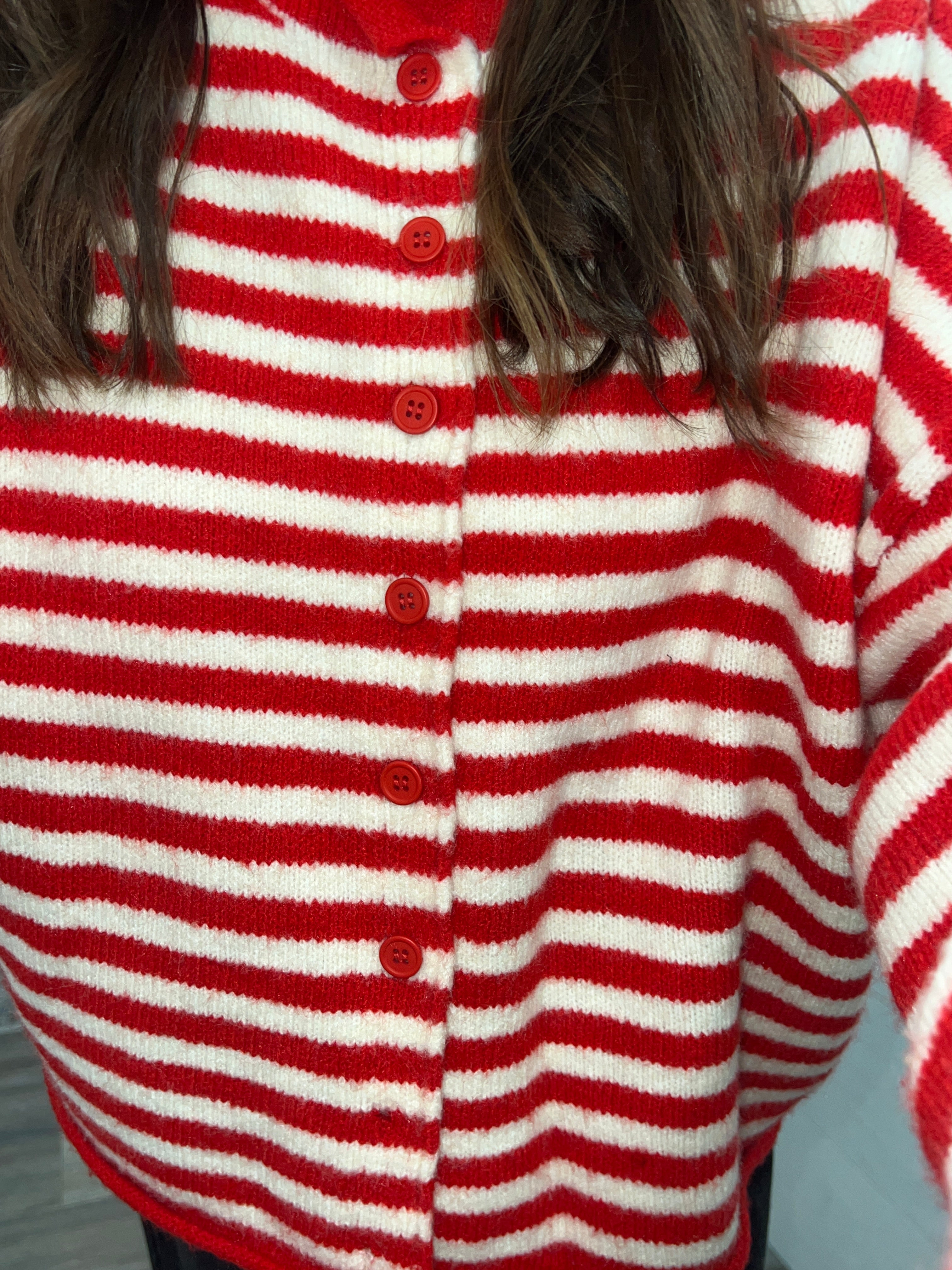 Red Ivory Striped Button Down Cardigan