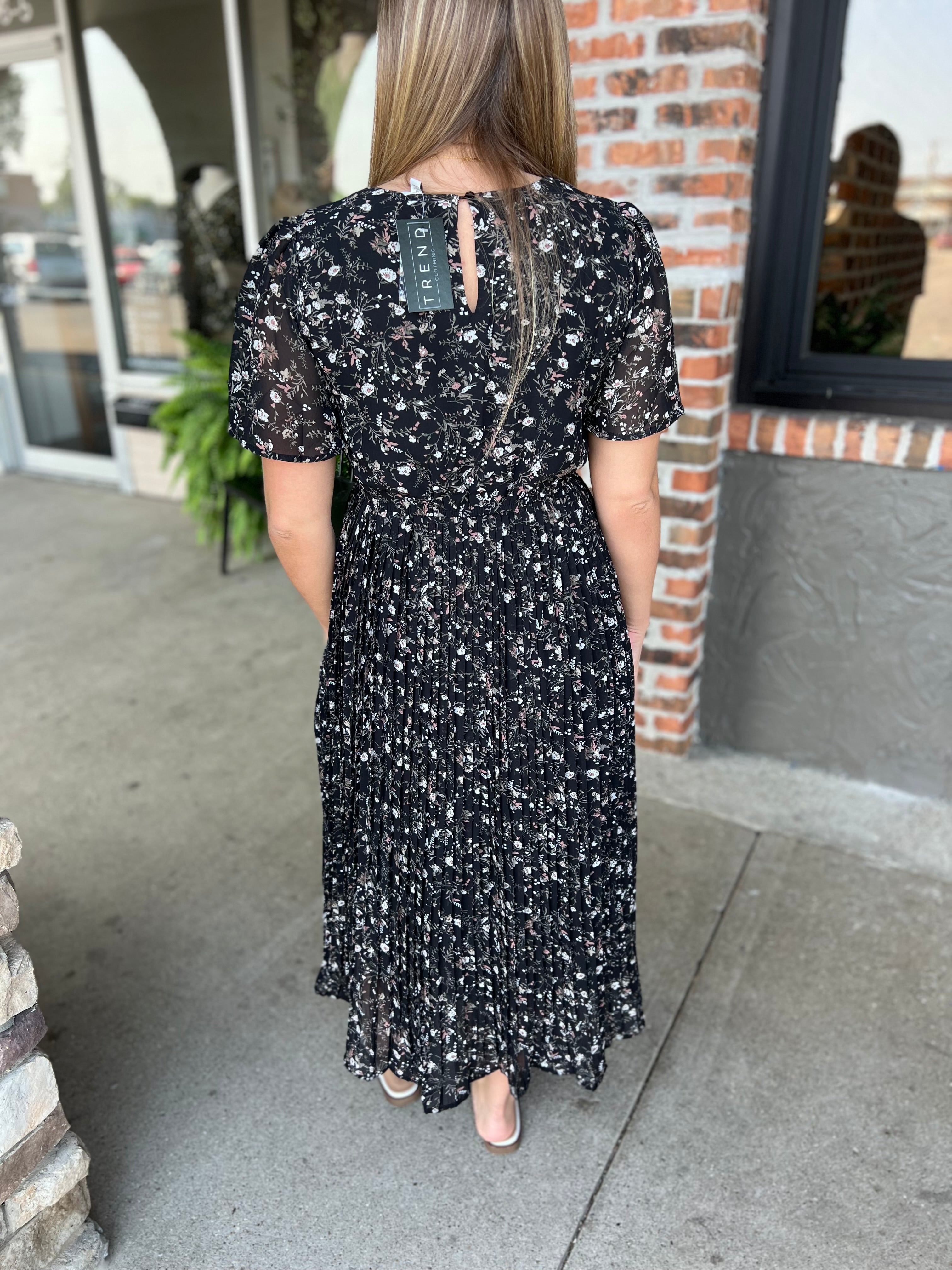 Black Pleated Floral Midi Dress