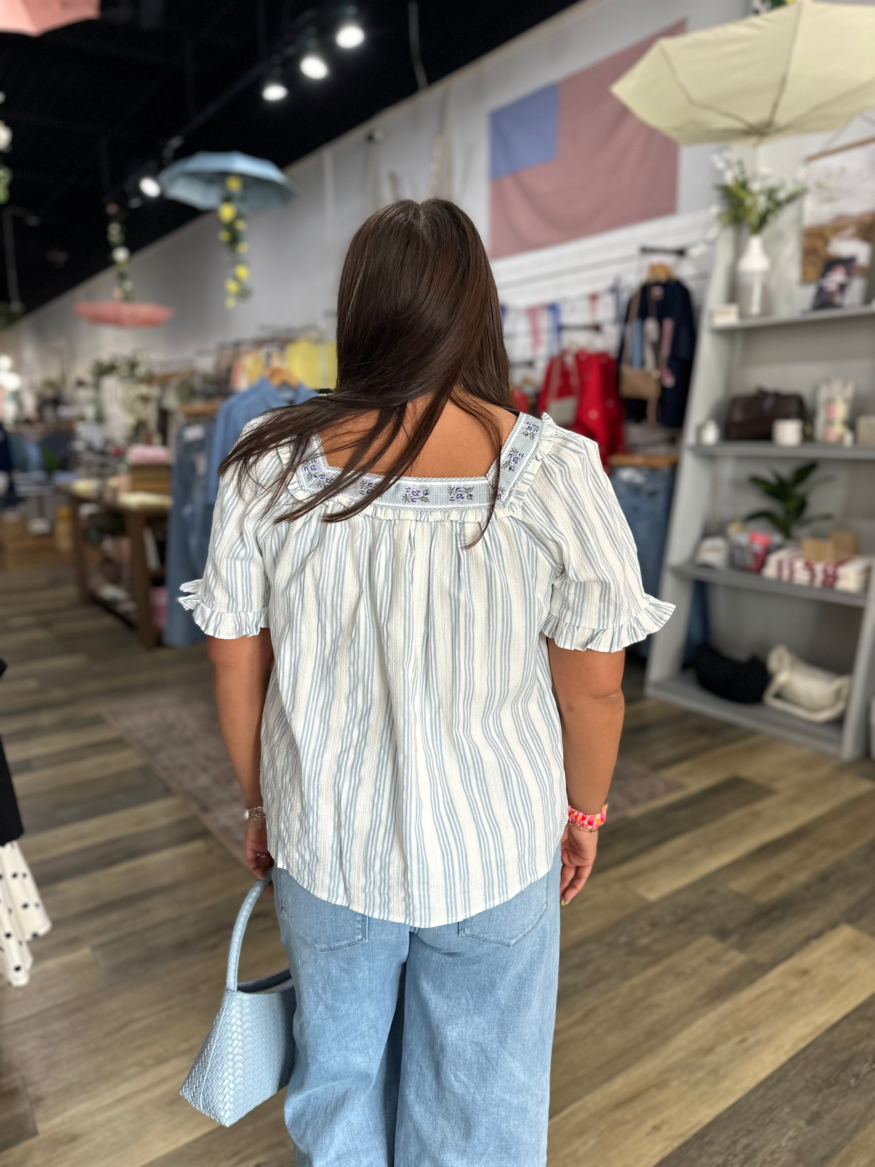 Blue Jacquard Tape Trimmed Striped Eyelet Top