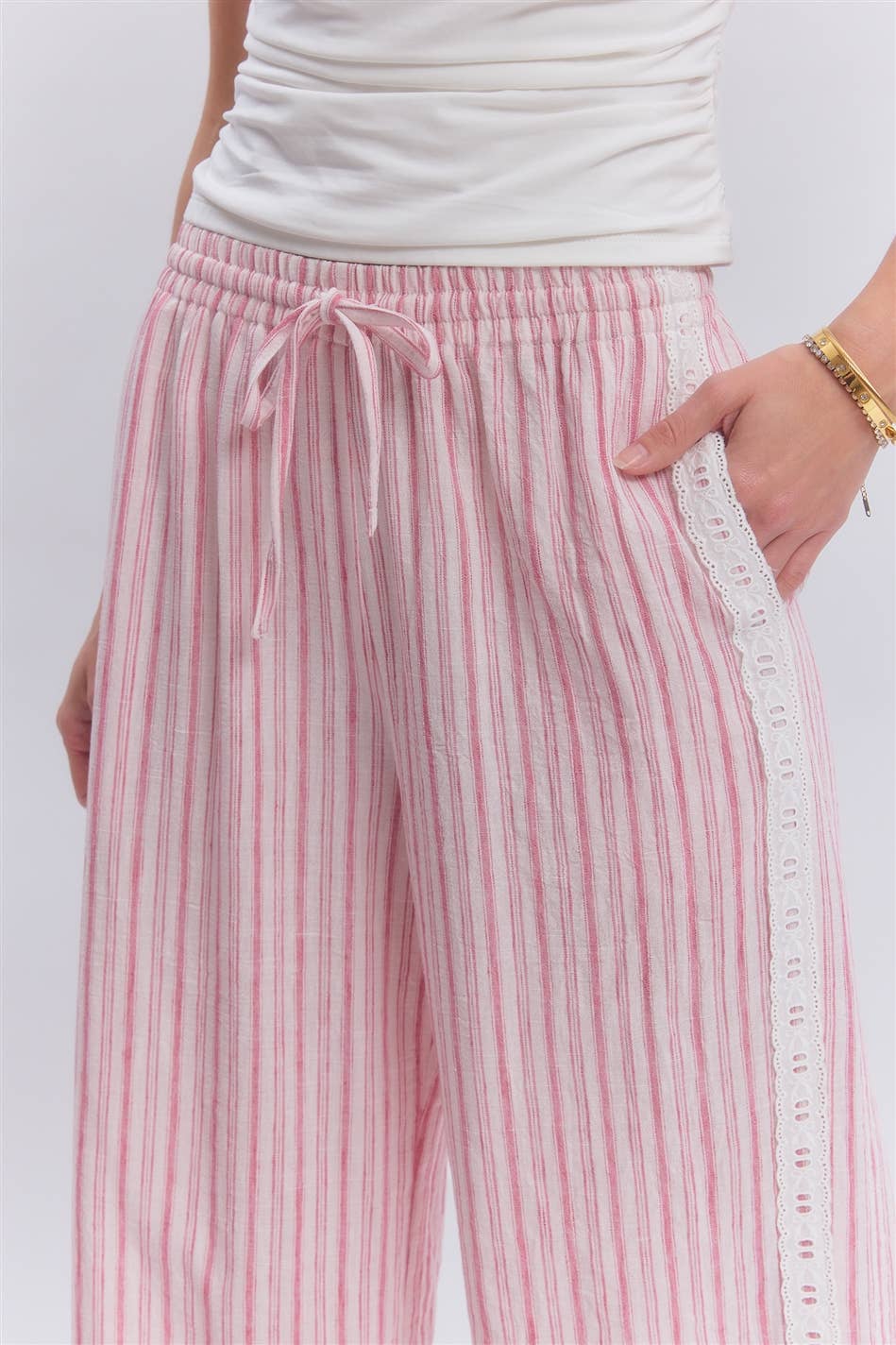 Red Stripe Lace Trim Pants
