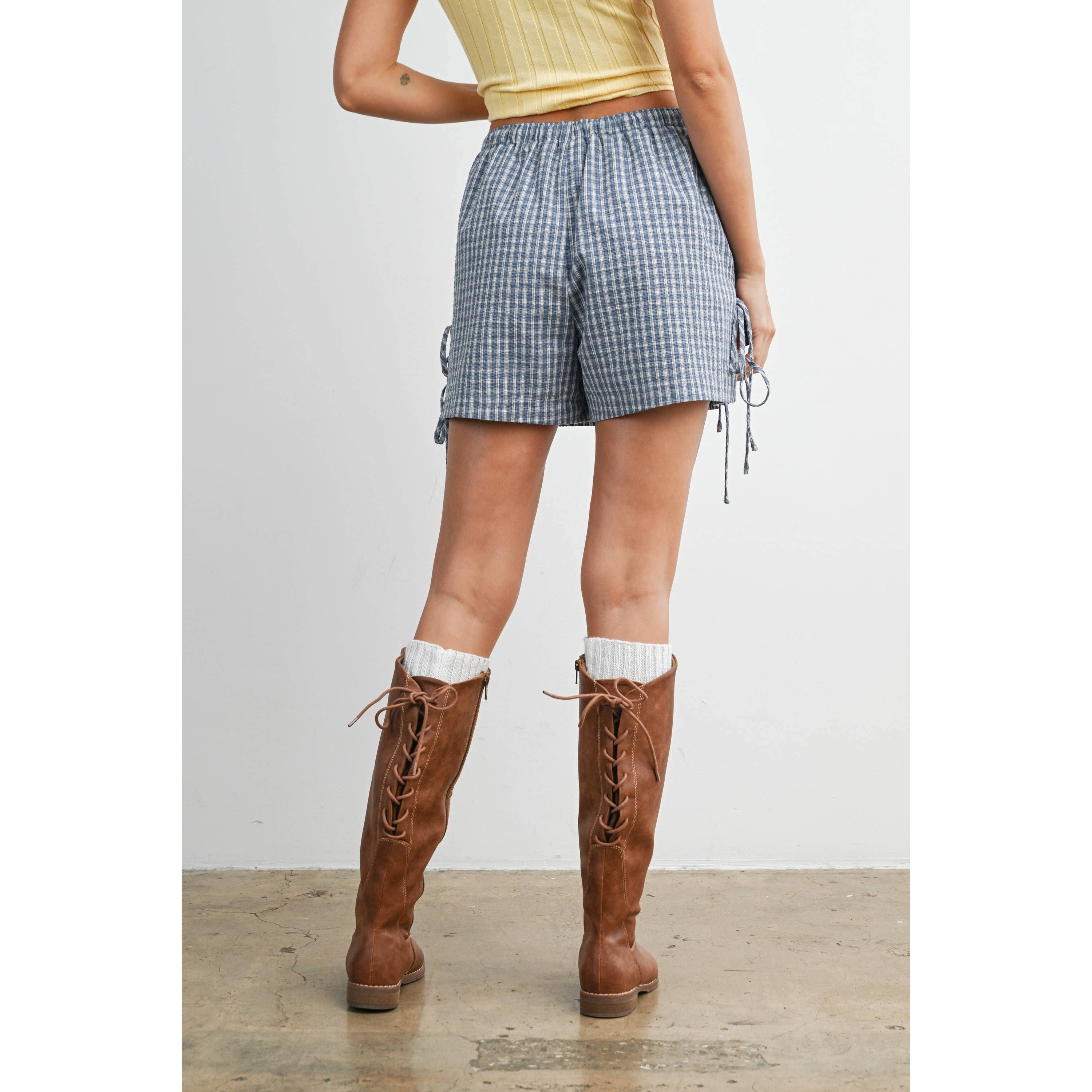 Navy Plaid Side-Tie Elastic Waist Shorts