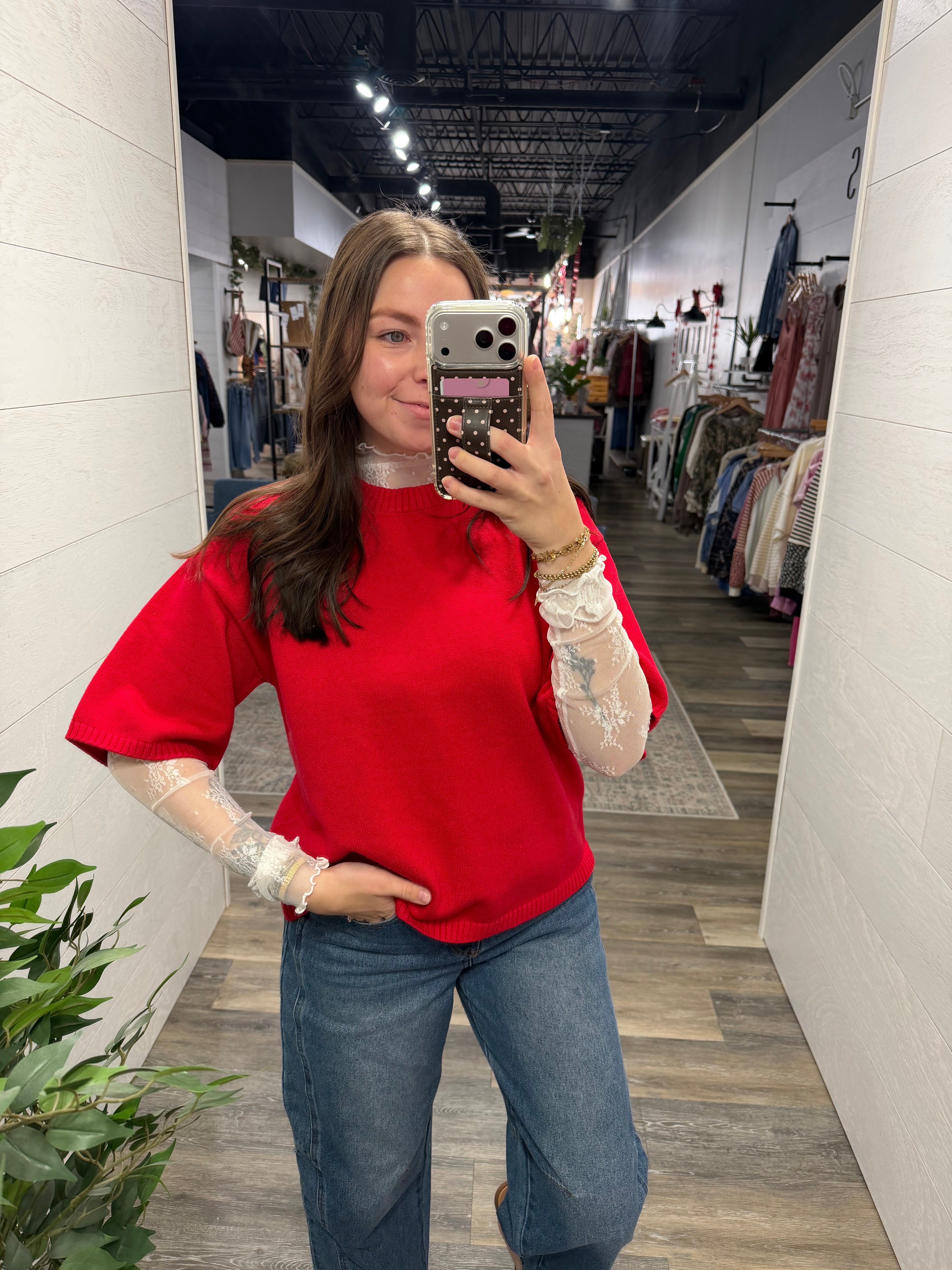 Red Short Sleeve Sweater Top