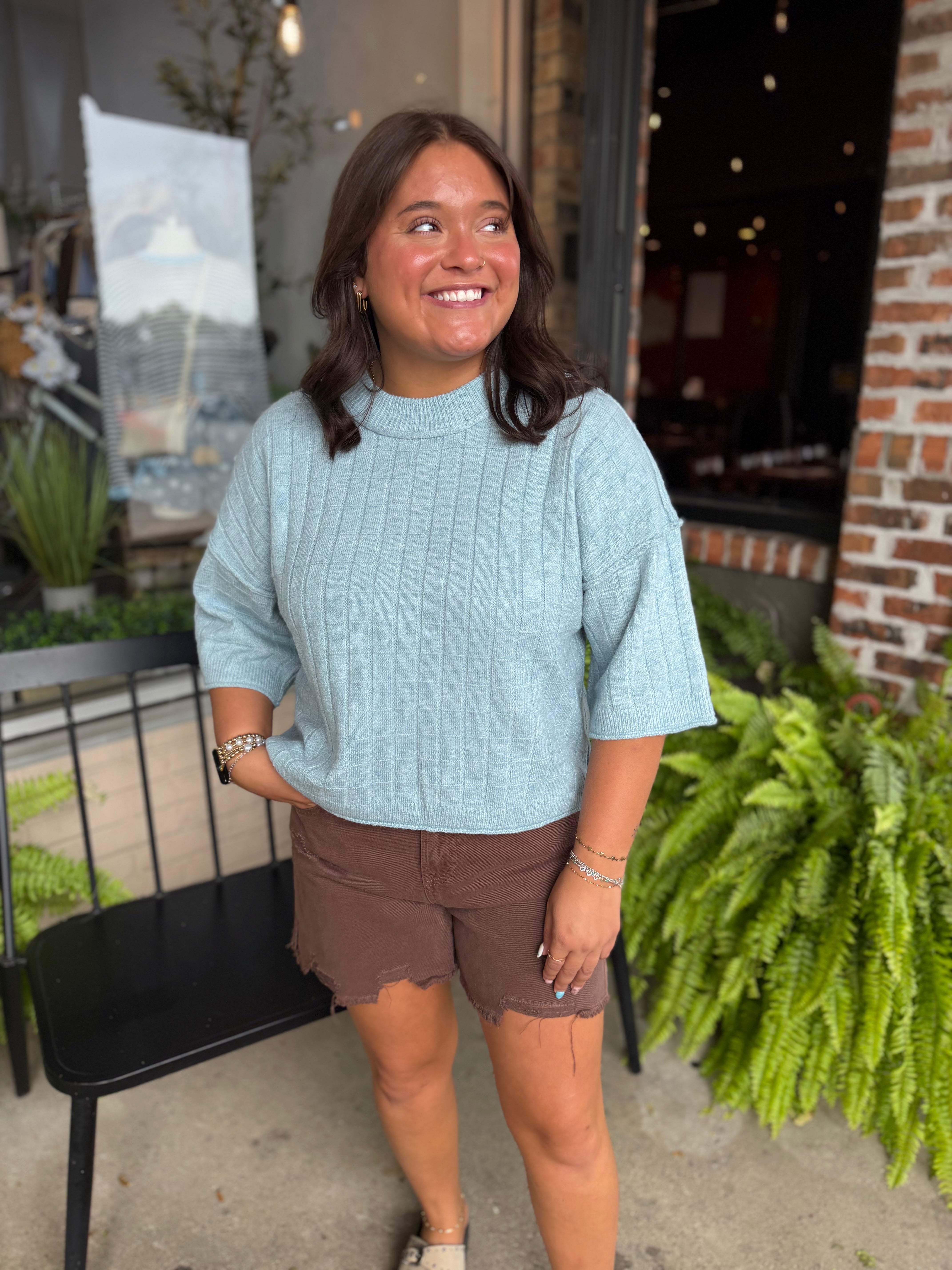 Blue Ribbed Knit Sweater