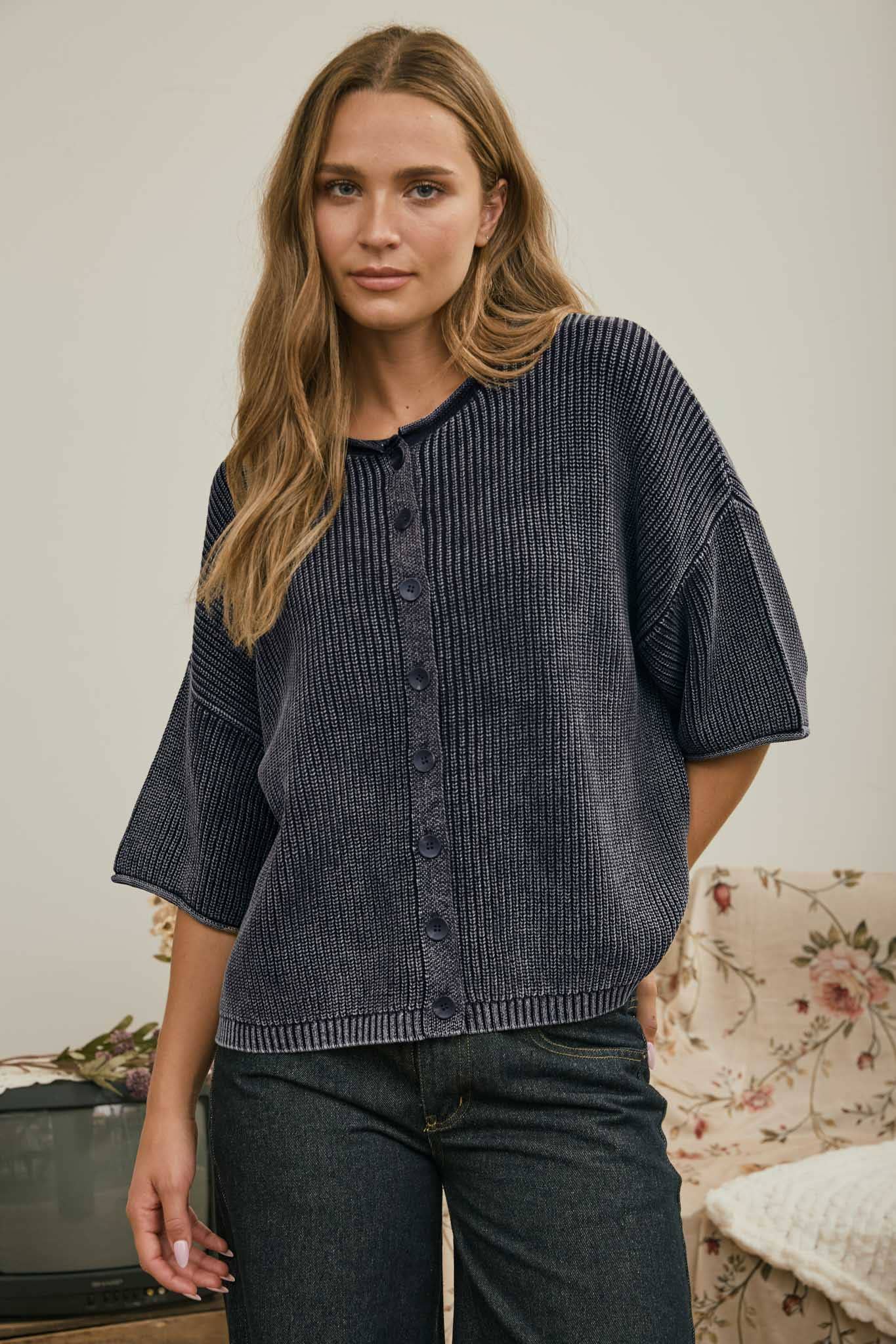 Navy Rolled Edge Cardi