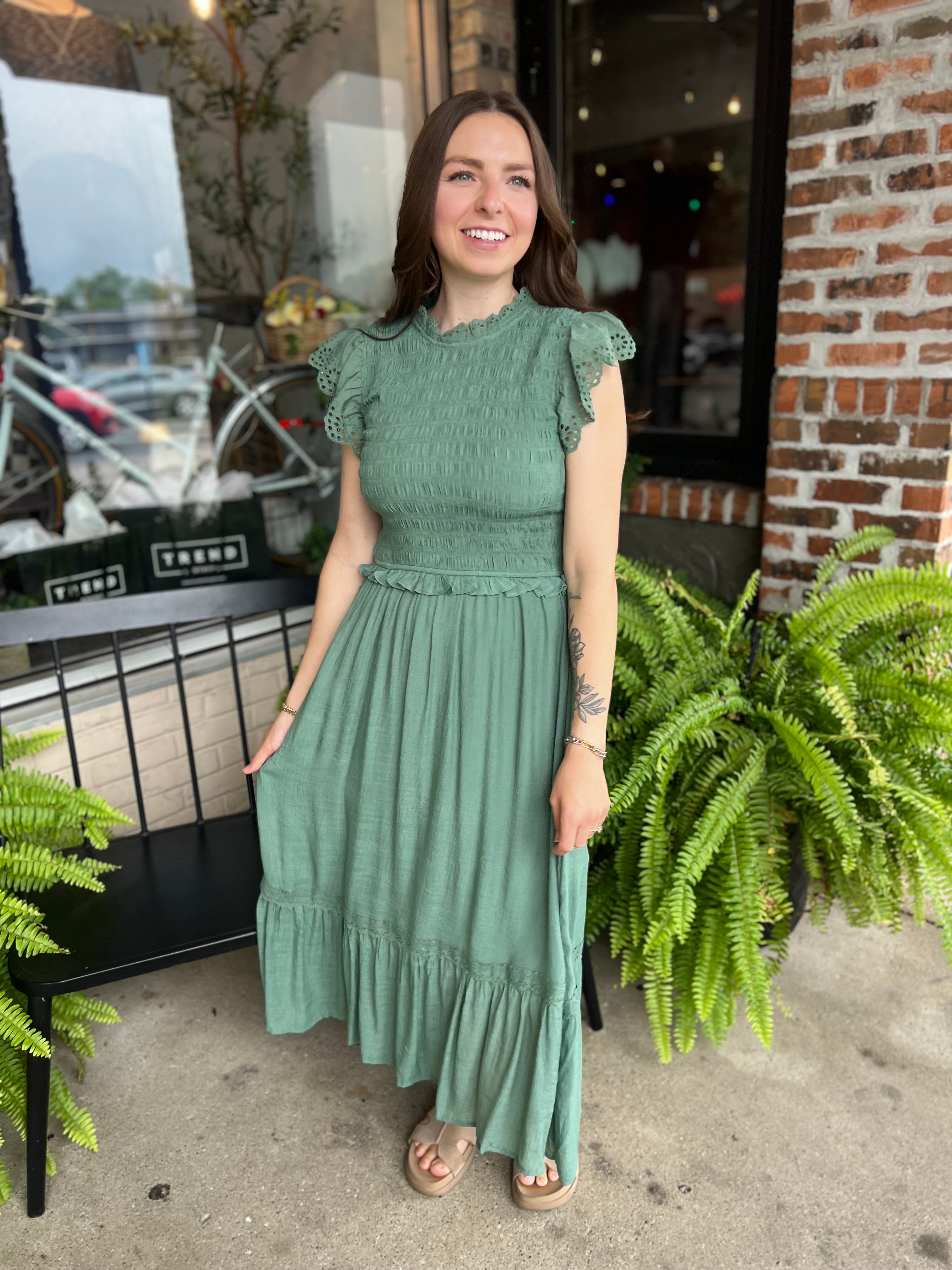Green Eyelet Trim Midi Dress