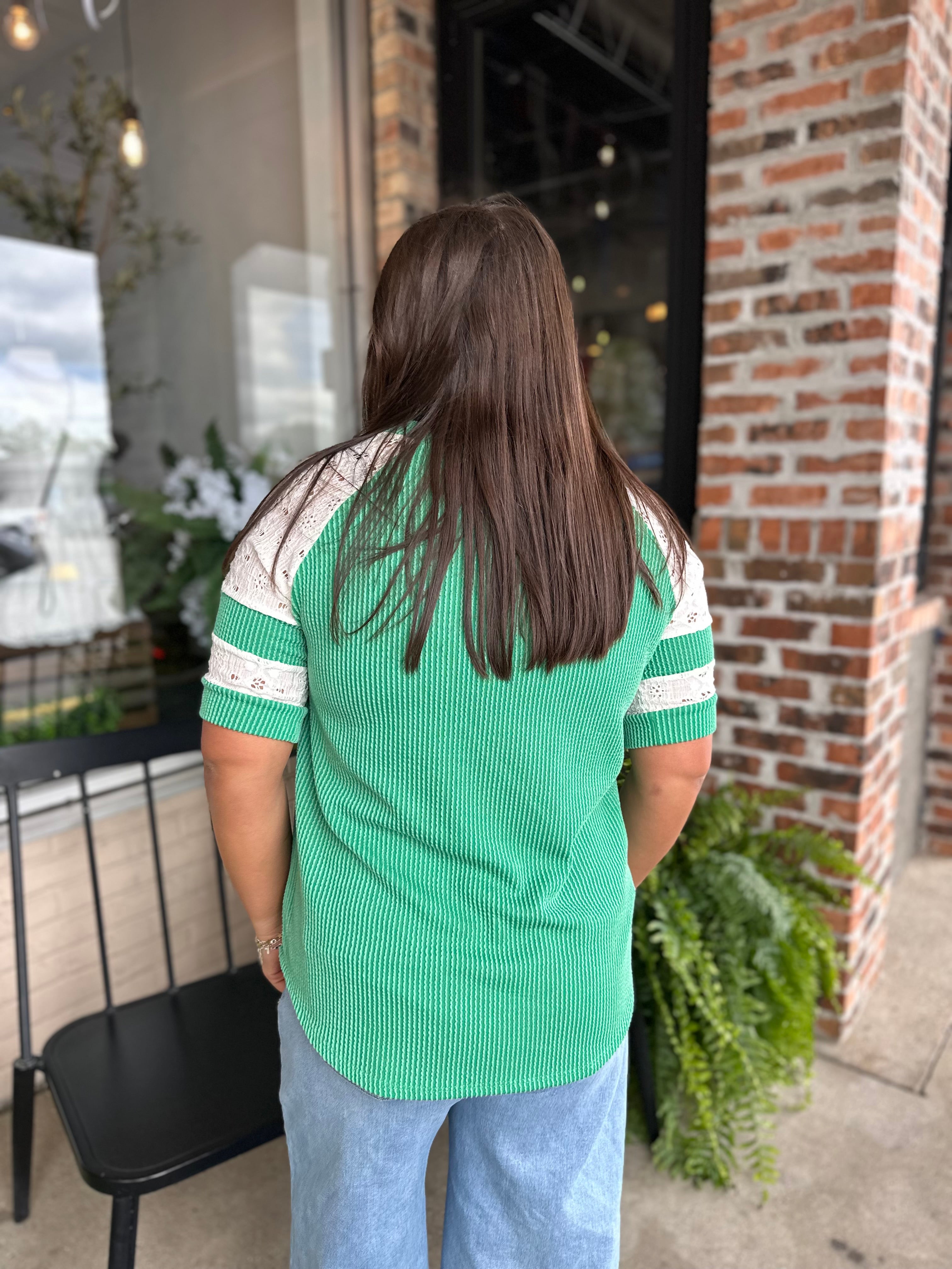 Green Ribbed Eyelet Lace Top - FINAL SALE