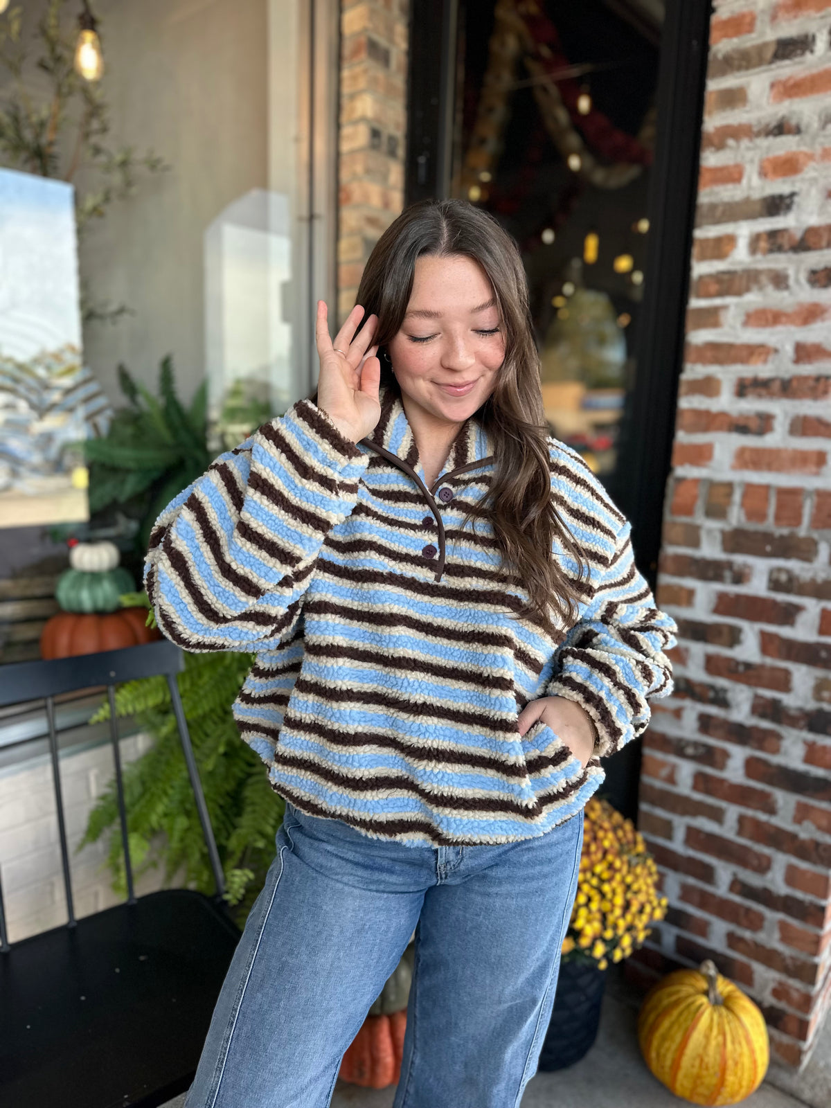 Blue and Brown Stripe Fleece Pullover