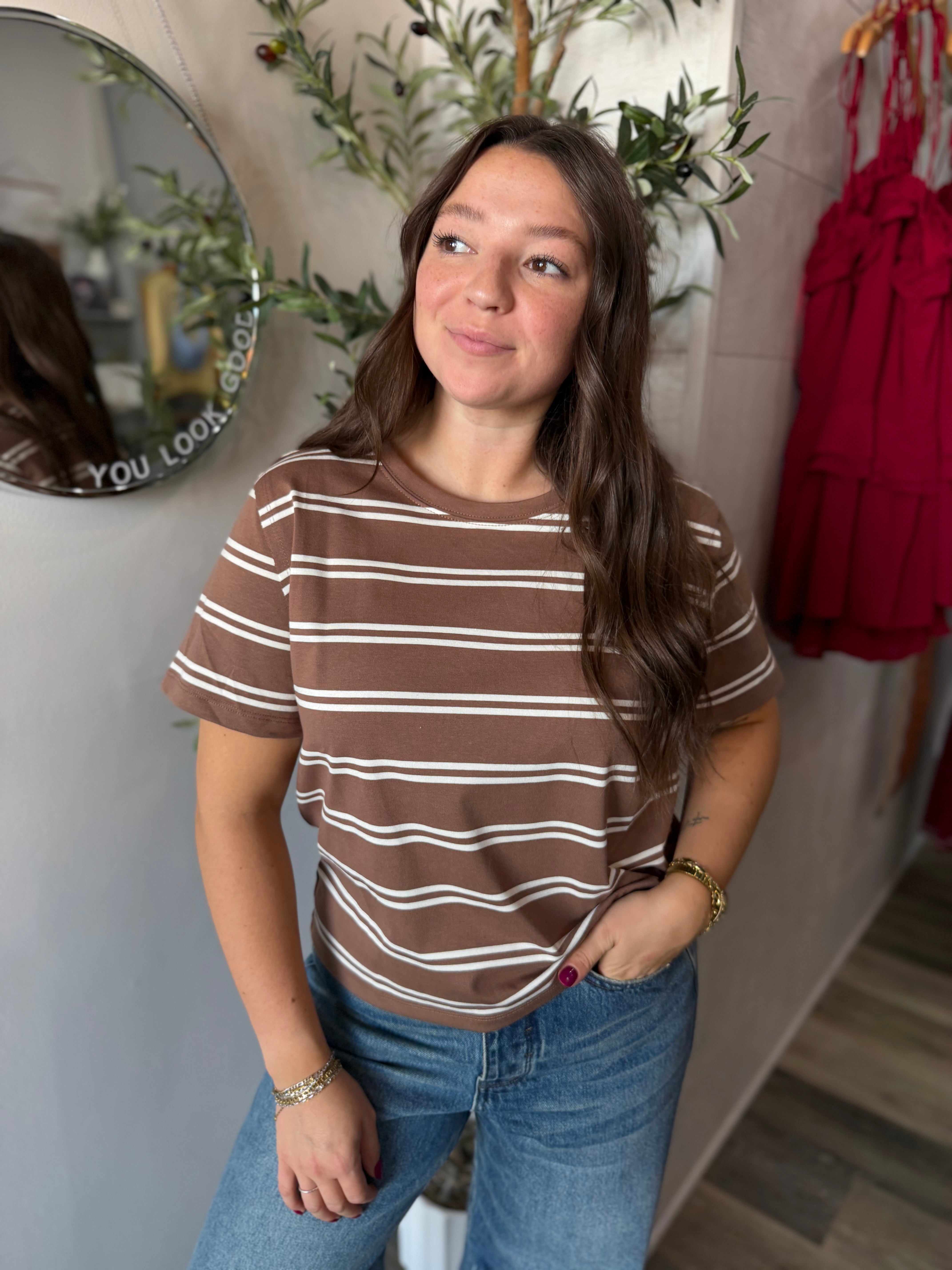 Brown Striped Boxy Short Sleeve Tee
