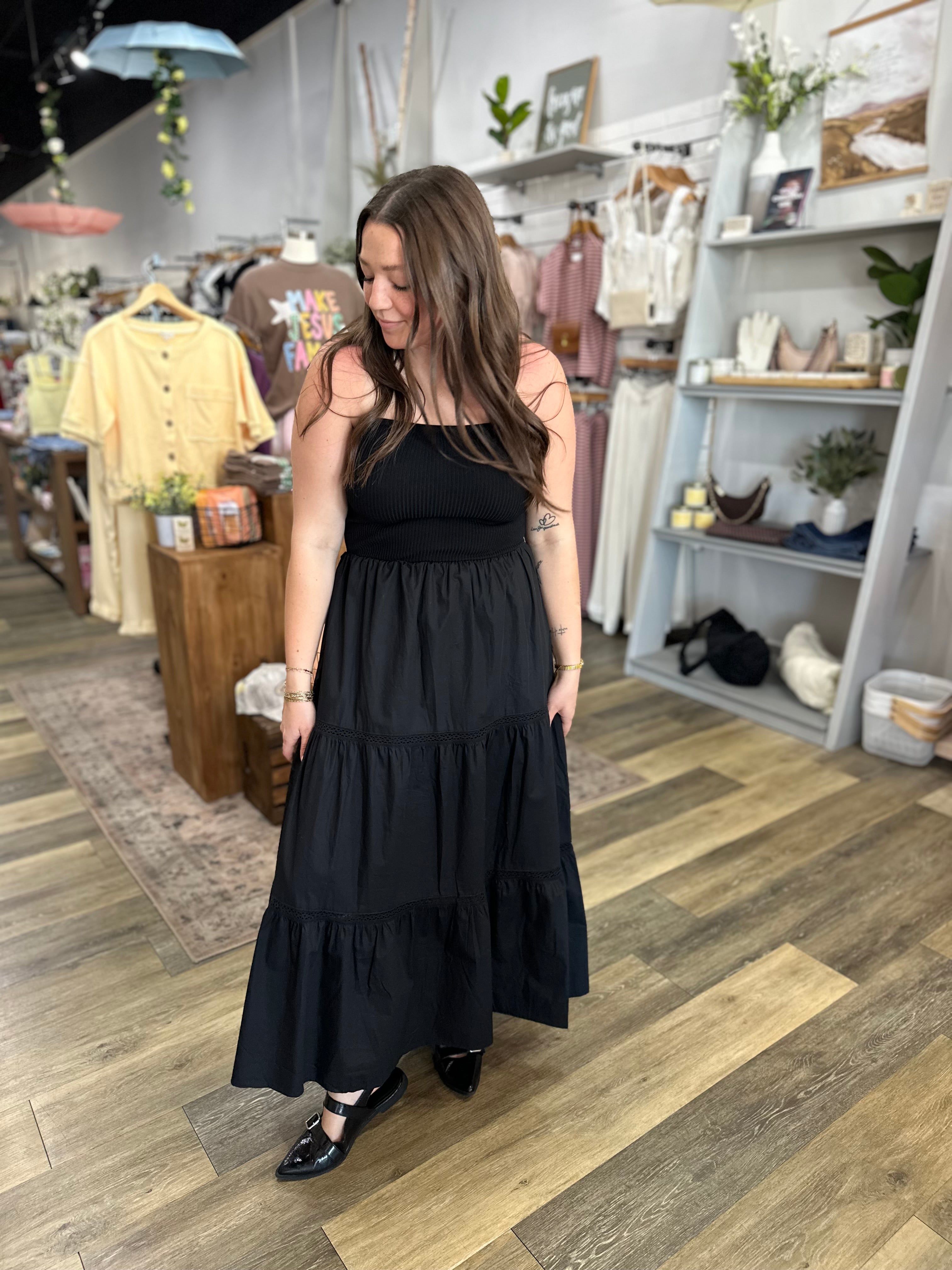 Black Strapless Midi Dress