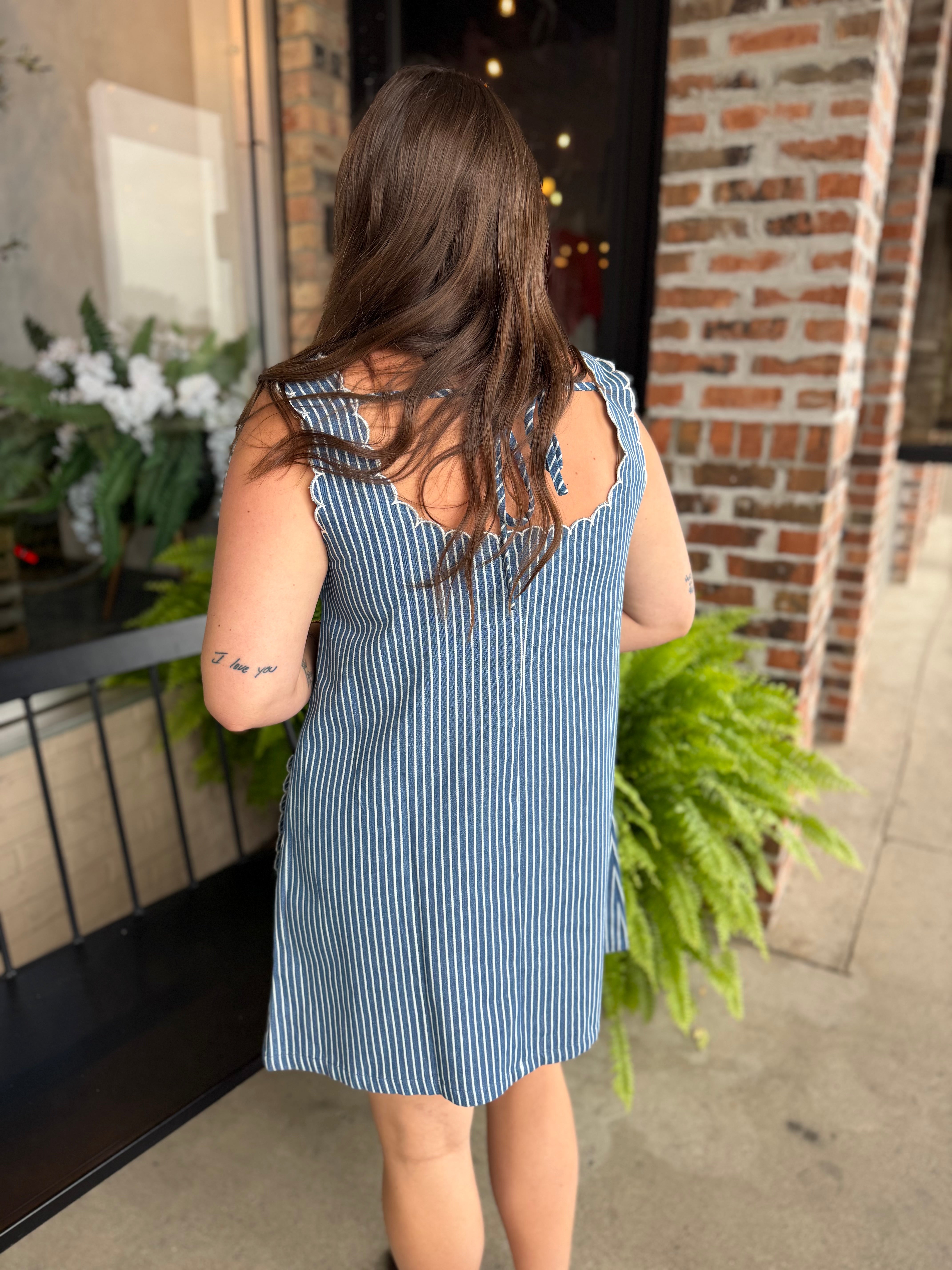 Stripe Denim Dress with Scallop Embroidery