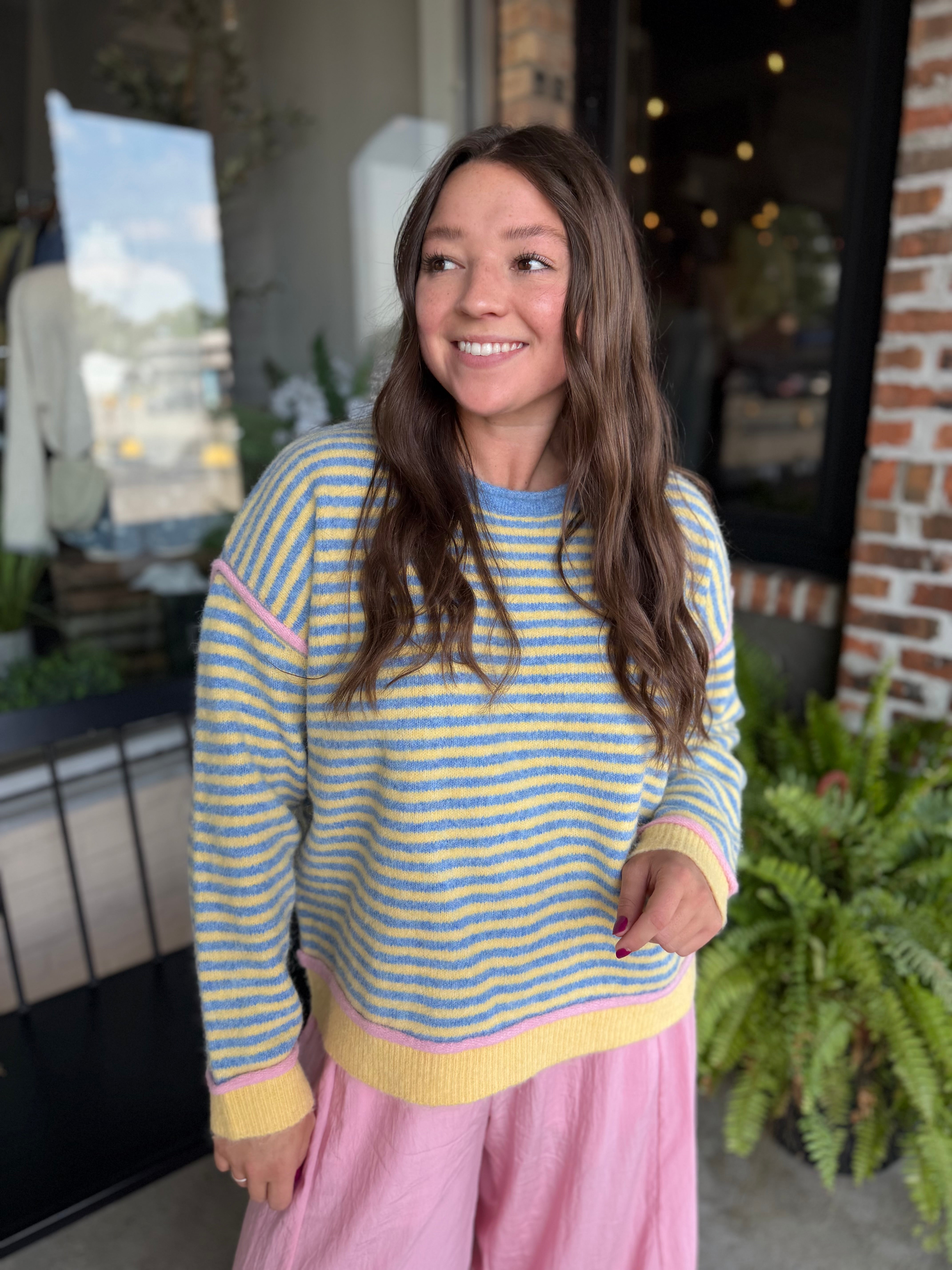 Blue Yellow Contrast Trim Stripe Sweater