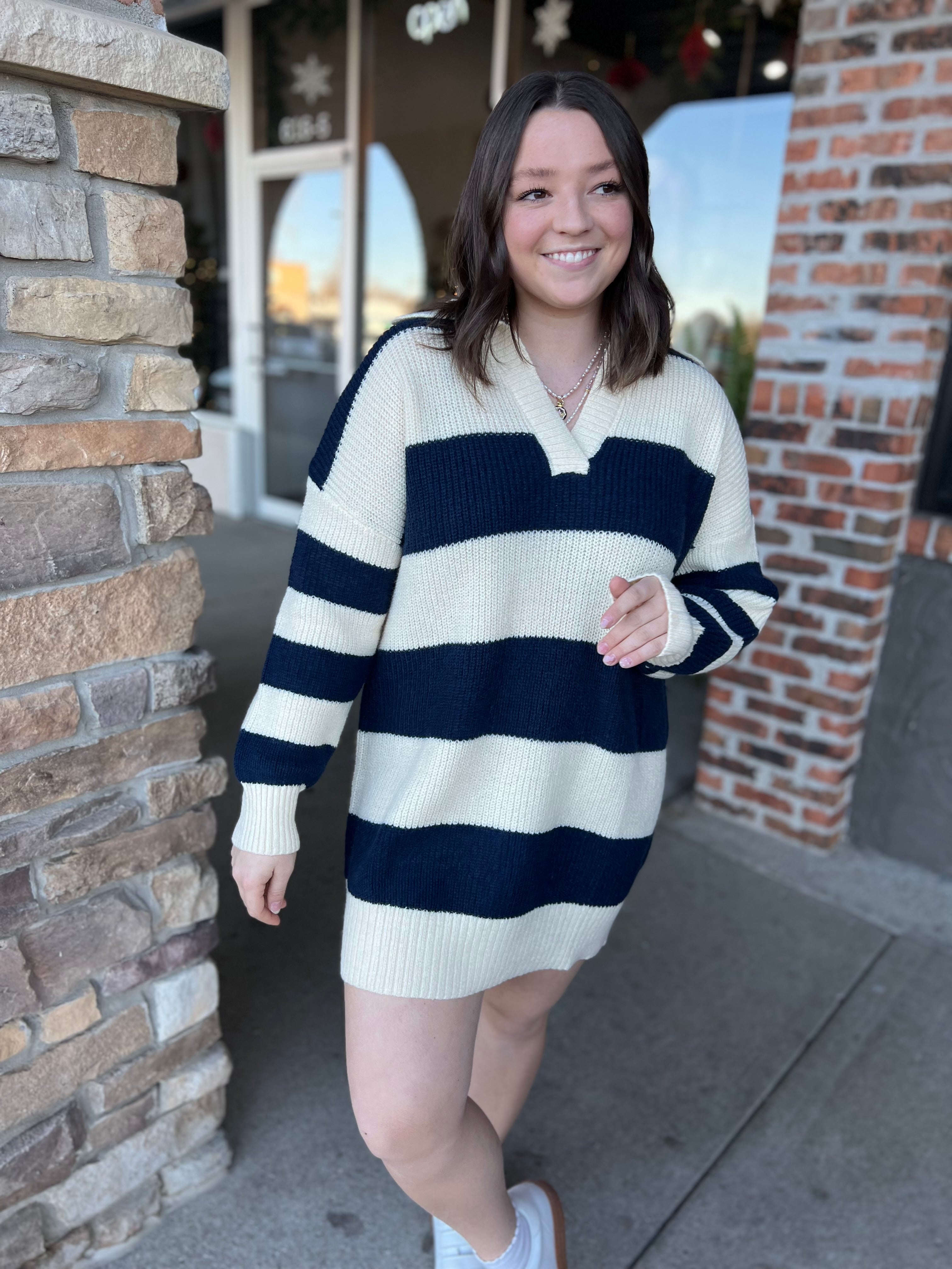 Navy Stripe Collared Sweater Dress