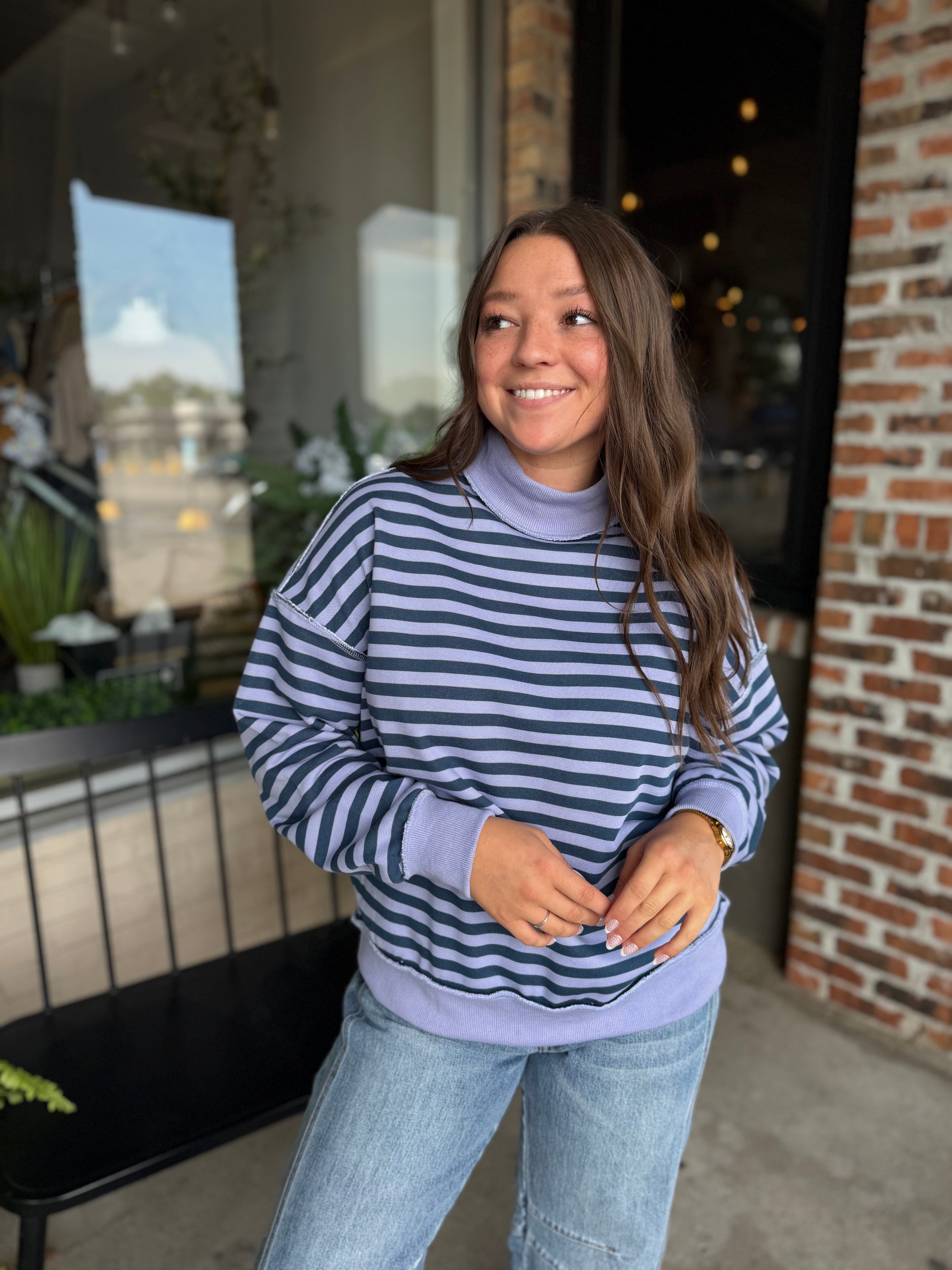 Lavender Navy Stripe Mock Neck