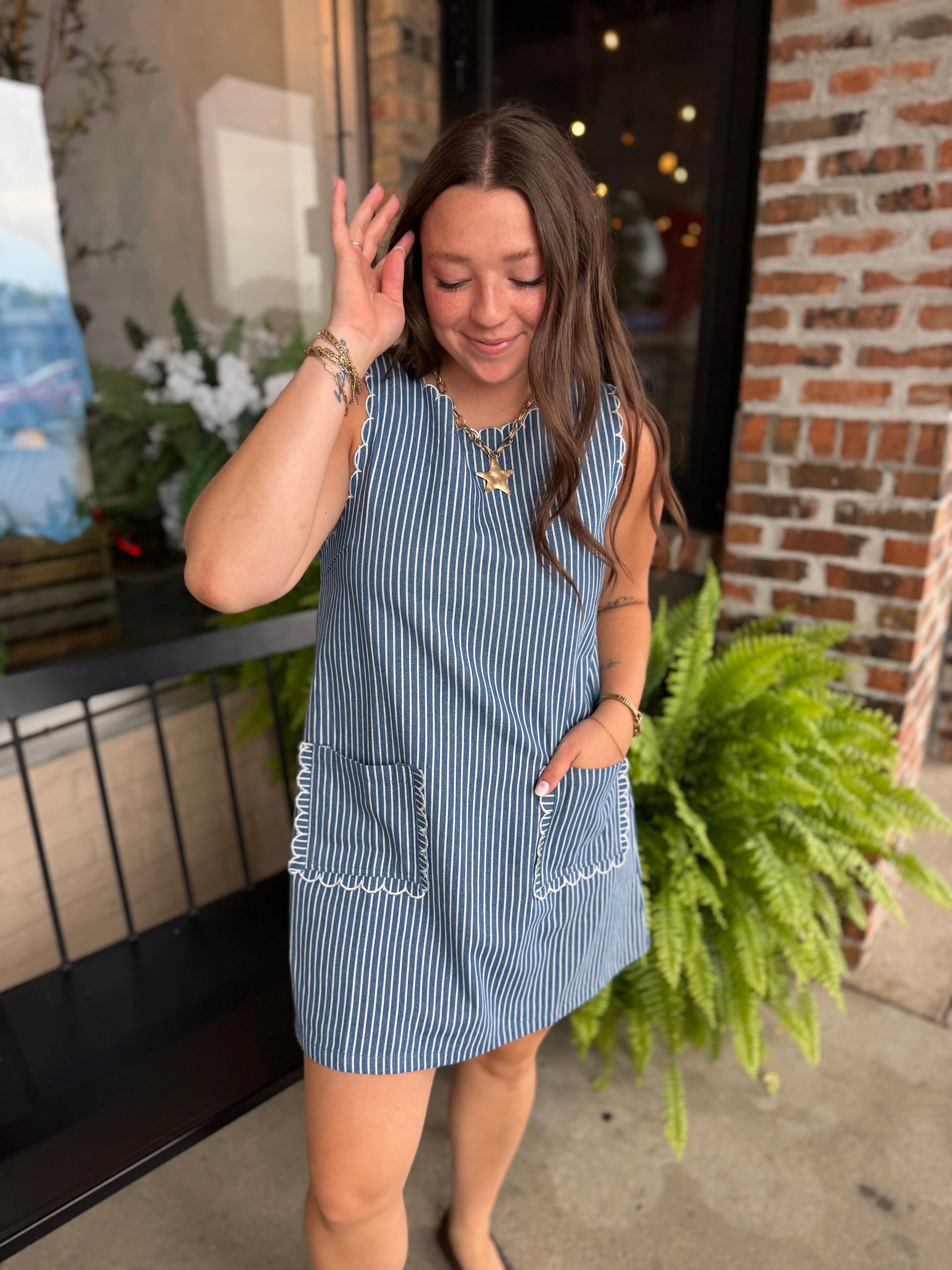 Stripe Denim Dress with Scallop Embroidery