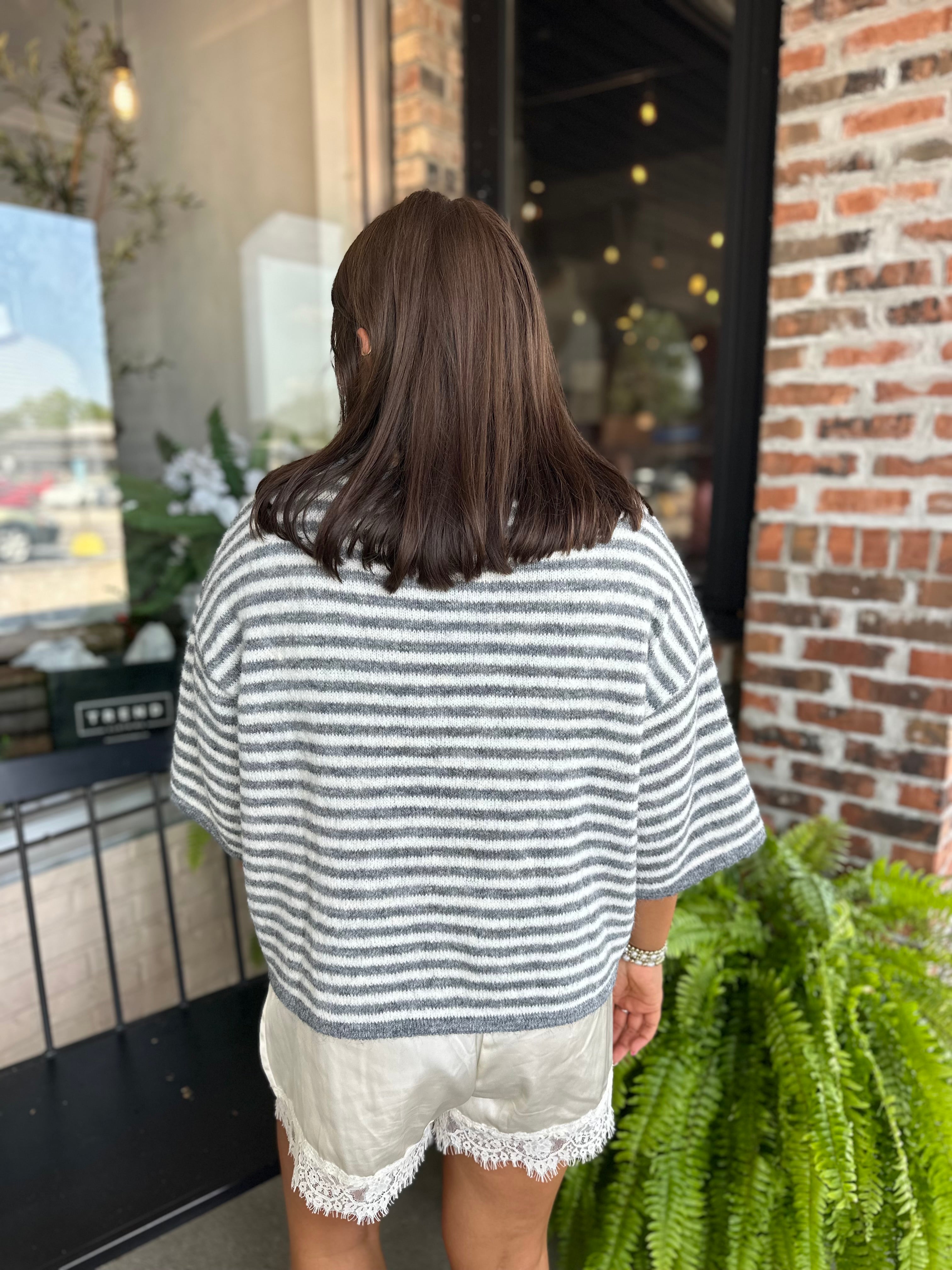 Grey Striped Cropped Soft Knit Cardigan