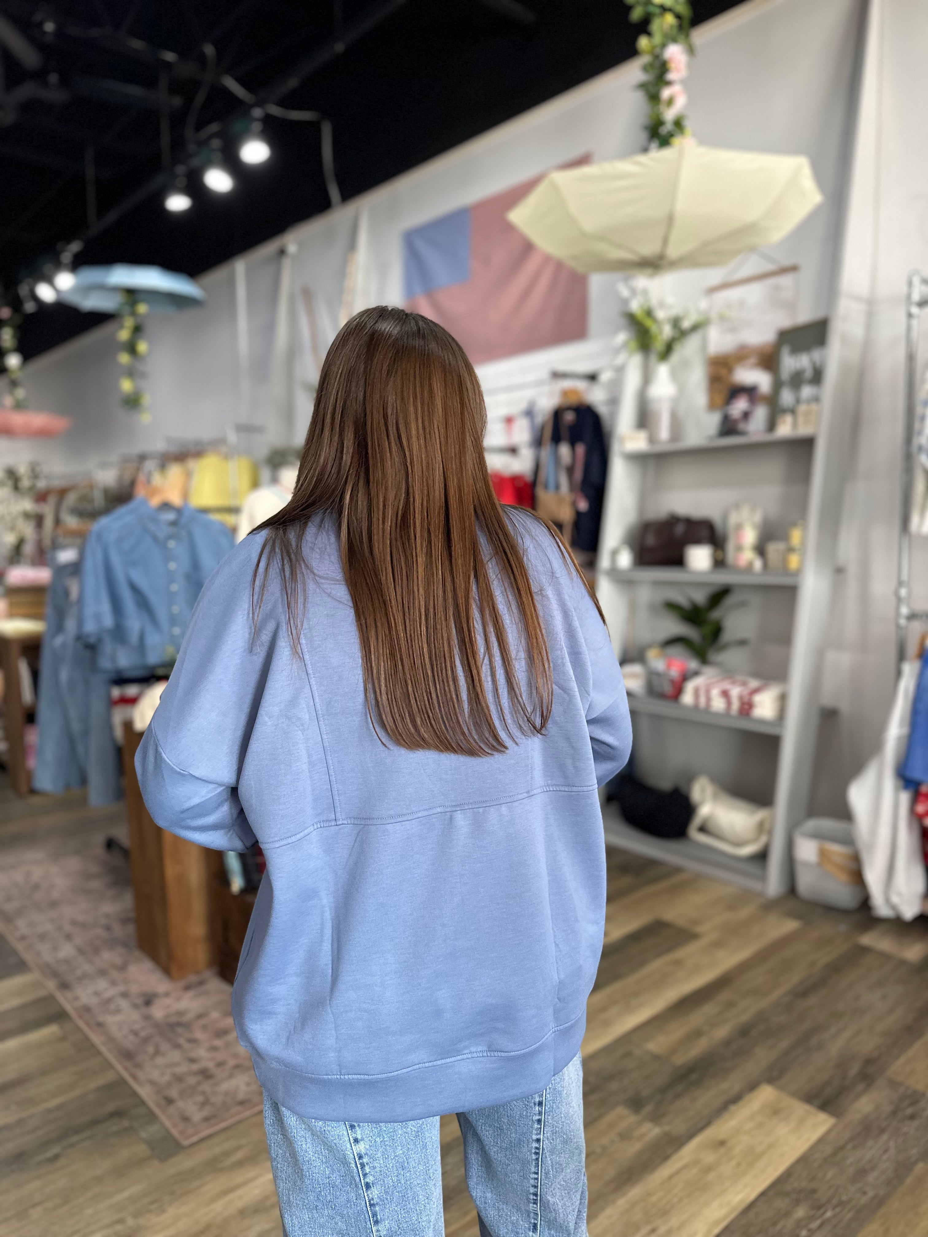 Blue Half Zip Oversized Top
