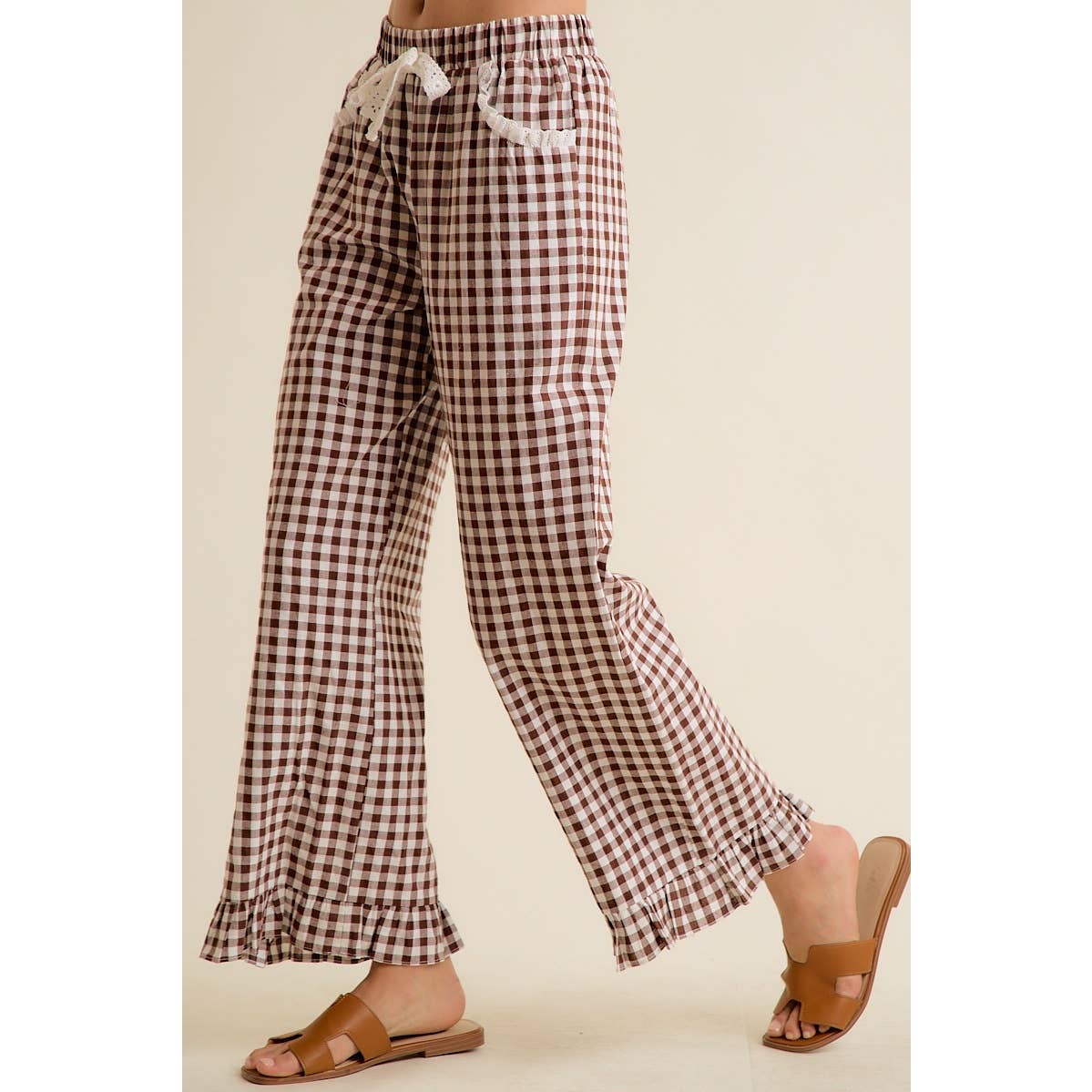 Brown Gingham Lace Pants