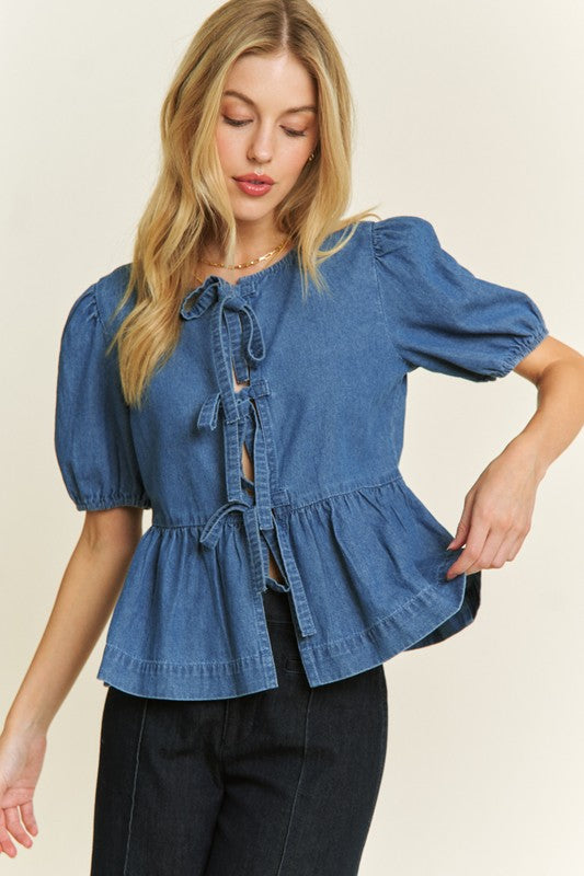 Denim Tie Front Blouse