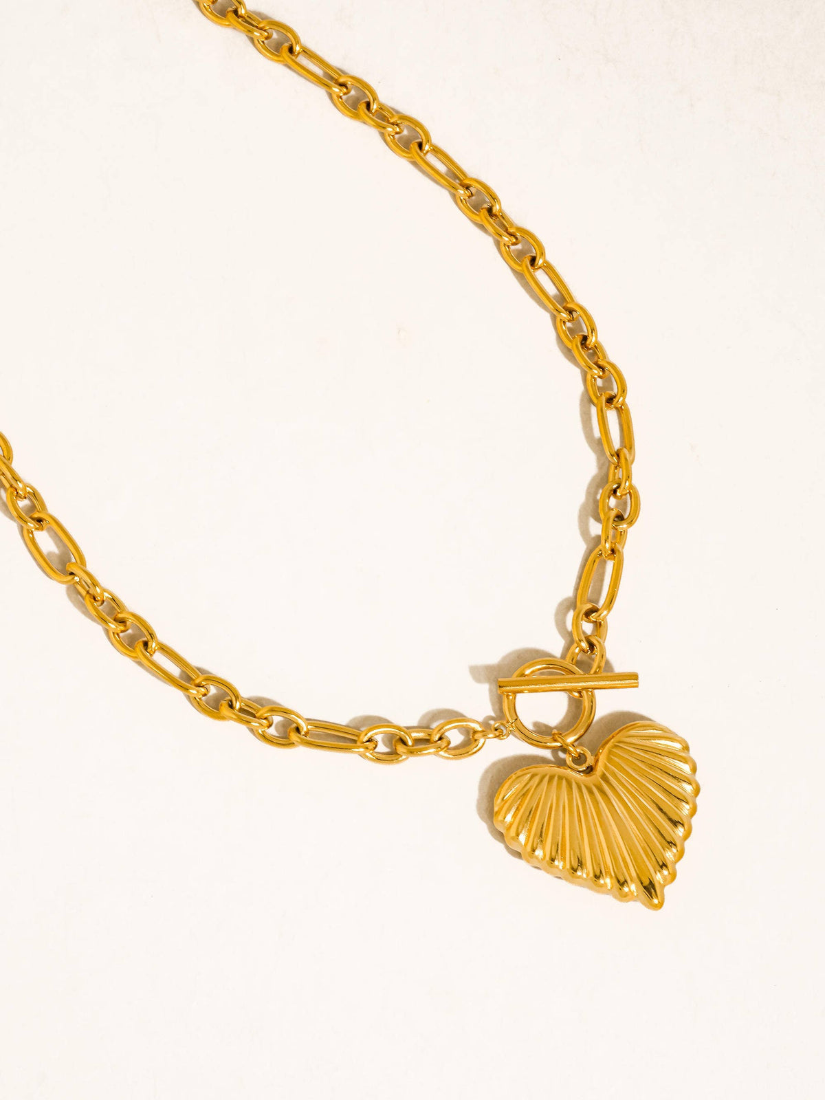 Gold Non-Tarnish Large Ribbed Heart Necklace